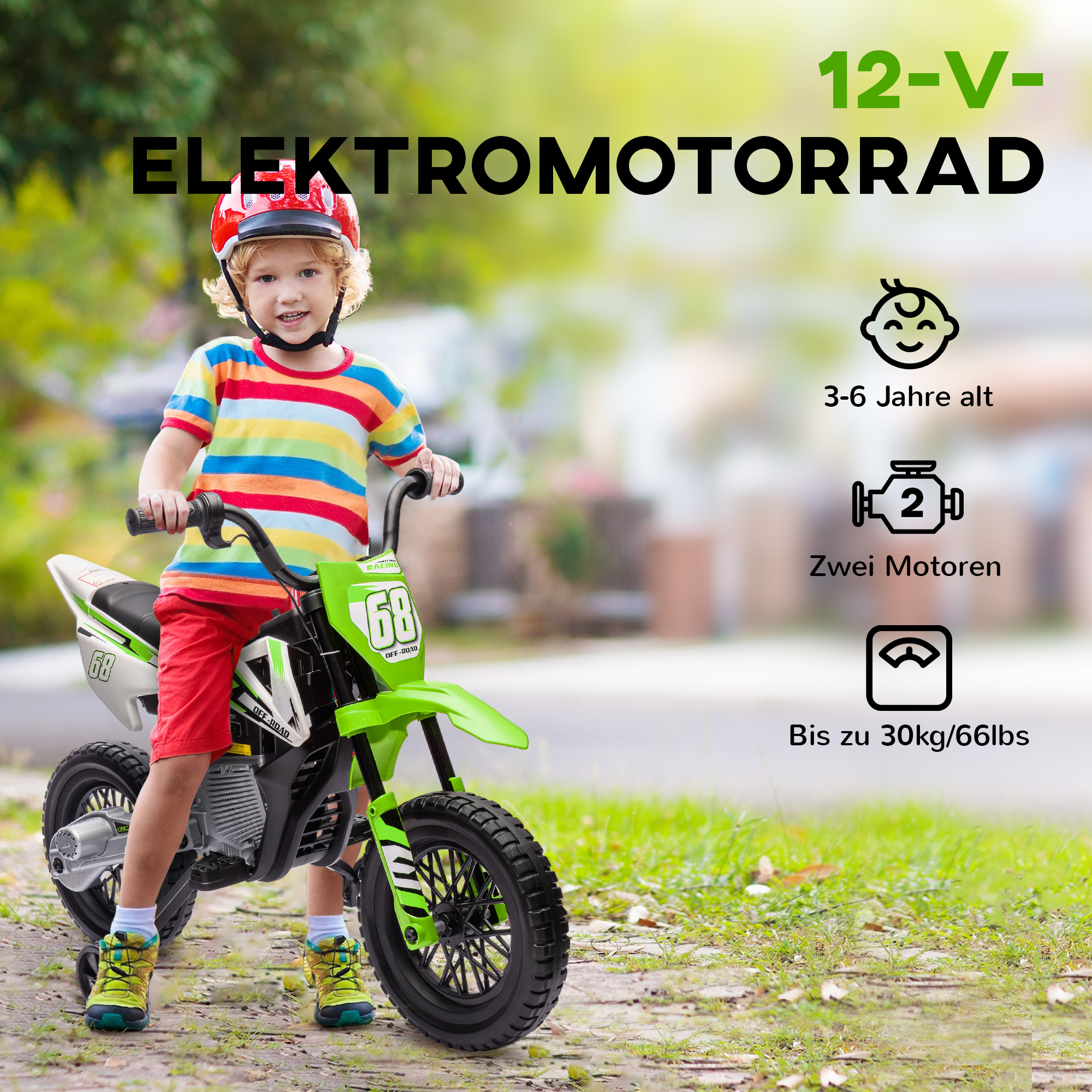 Elektro-Motorrad für Kinder, 12V Kindermotorrad mit Musik, Kinderfahrzeug mit Trainingsrädern, 3-6 Jahre, Grün