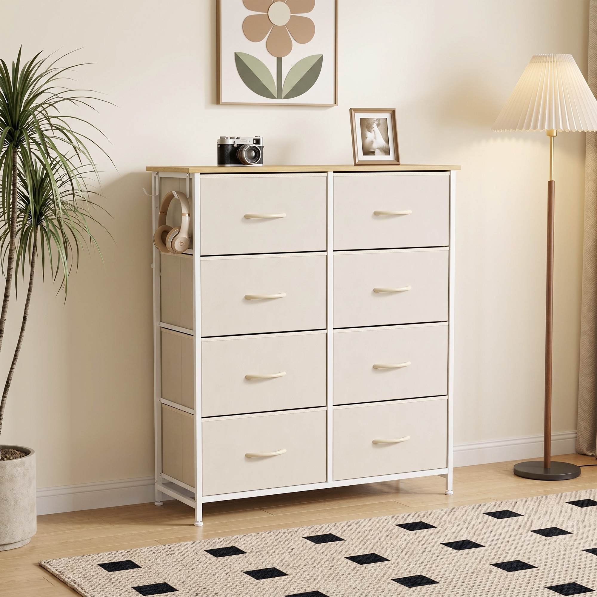 Schlafzimmer-Kommode mit 8 Stoffschubladen, Stahlstreben, Holzoberfläche, 4 Aufbewahrungstaschen, 2 Haken, Beige