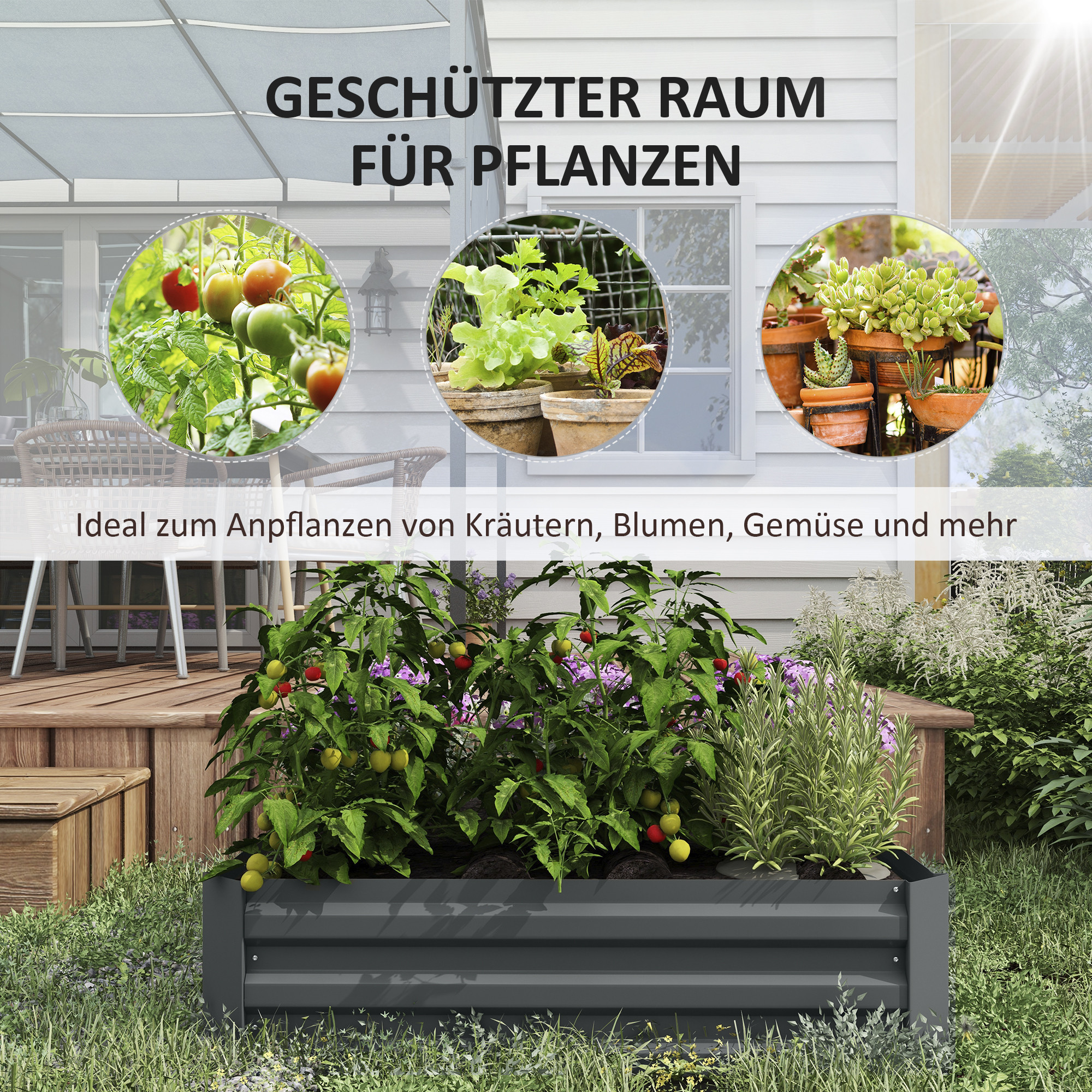 2er Set Pflanzkasten, Blumenkasten, Blumenkübel für Garten, Terrasse, Verzinkter Stahl, 100 x 100 x 30 cm, Dunkelgrau