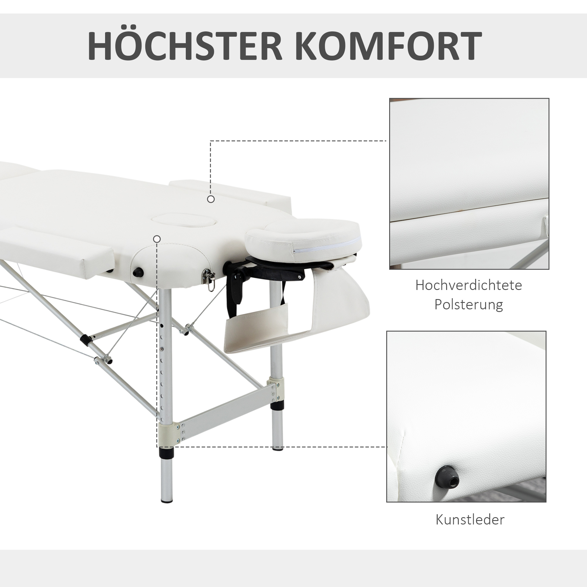 mobile Massageliege 3 Zonen klappbar Massagetisch mit Kopfstütze Armlehne Tragetasche höhenverstellbare Aluminium Massagebett tragbar inkl. Zubehör Massagebank bis 225 kg Belast Weiß