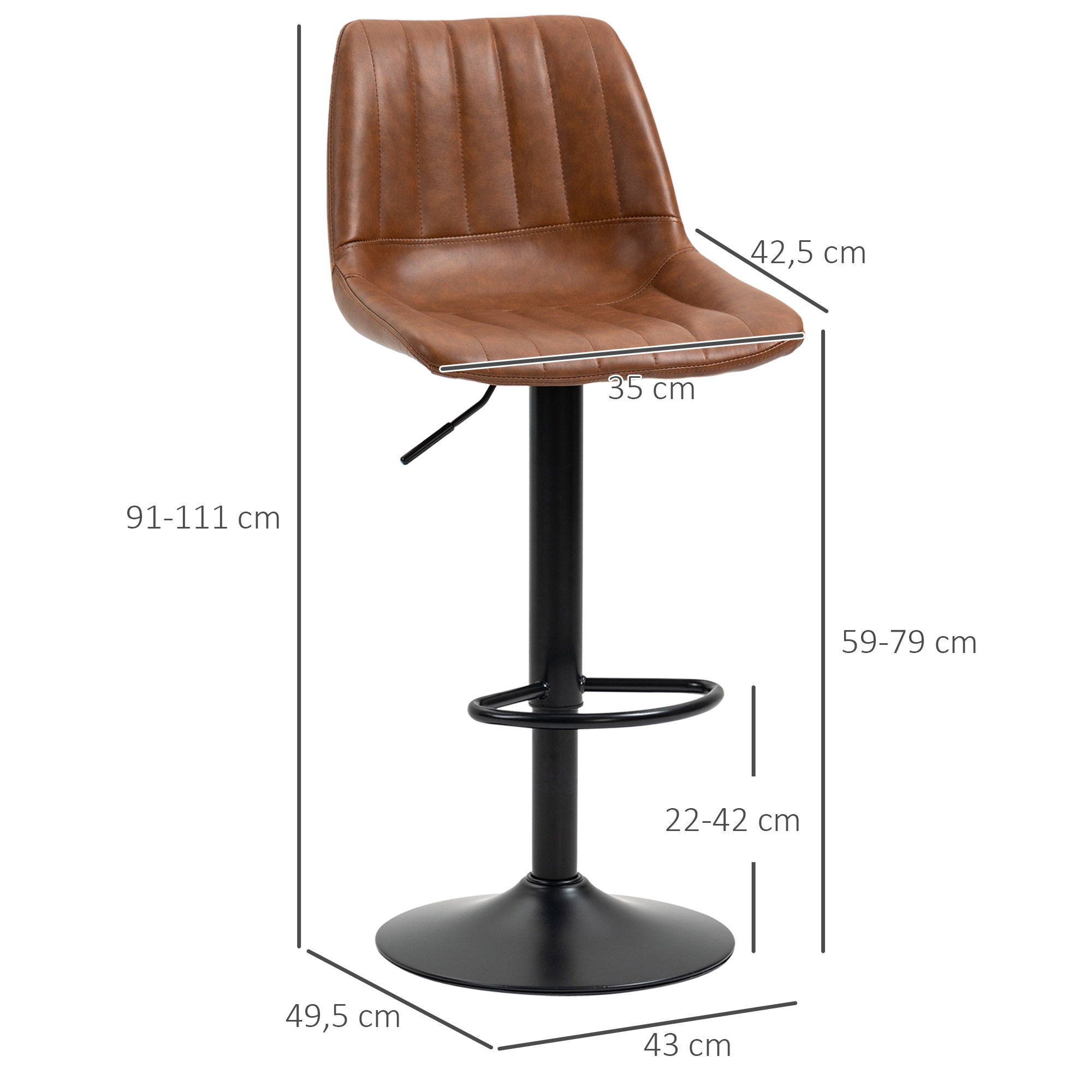 Barhocker 2er-Set im Retrodesign, mit Fußstütze, höhenverstellbar, 43 cm x49,5 cm x 111 cm