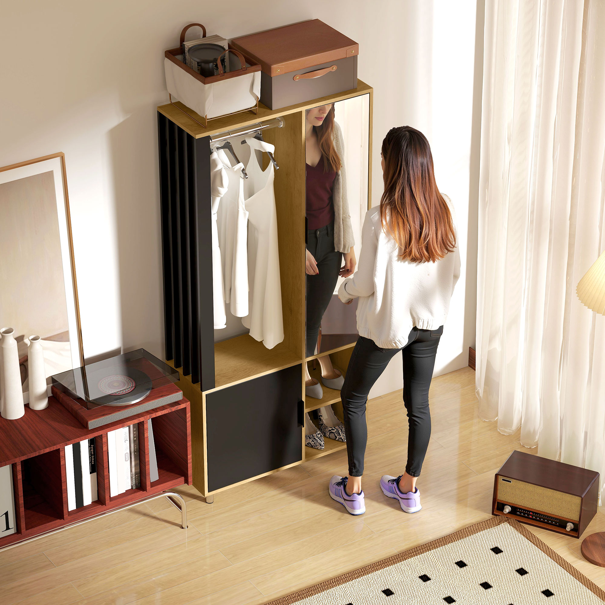 Kleiderschrank mit Spiegel und Hängestange, Aufbewahrungsfächer, offene Ablageflächen, Naturholz, Schwarz