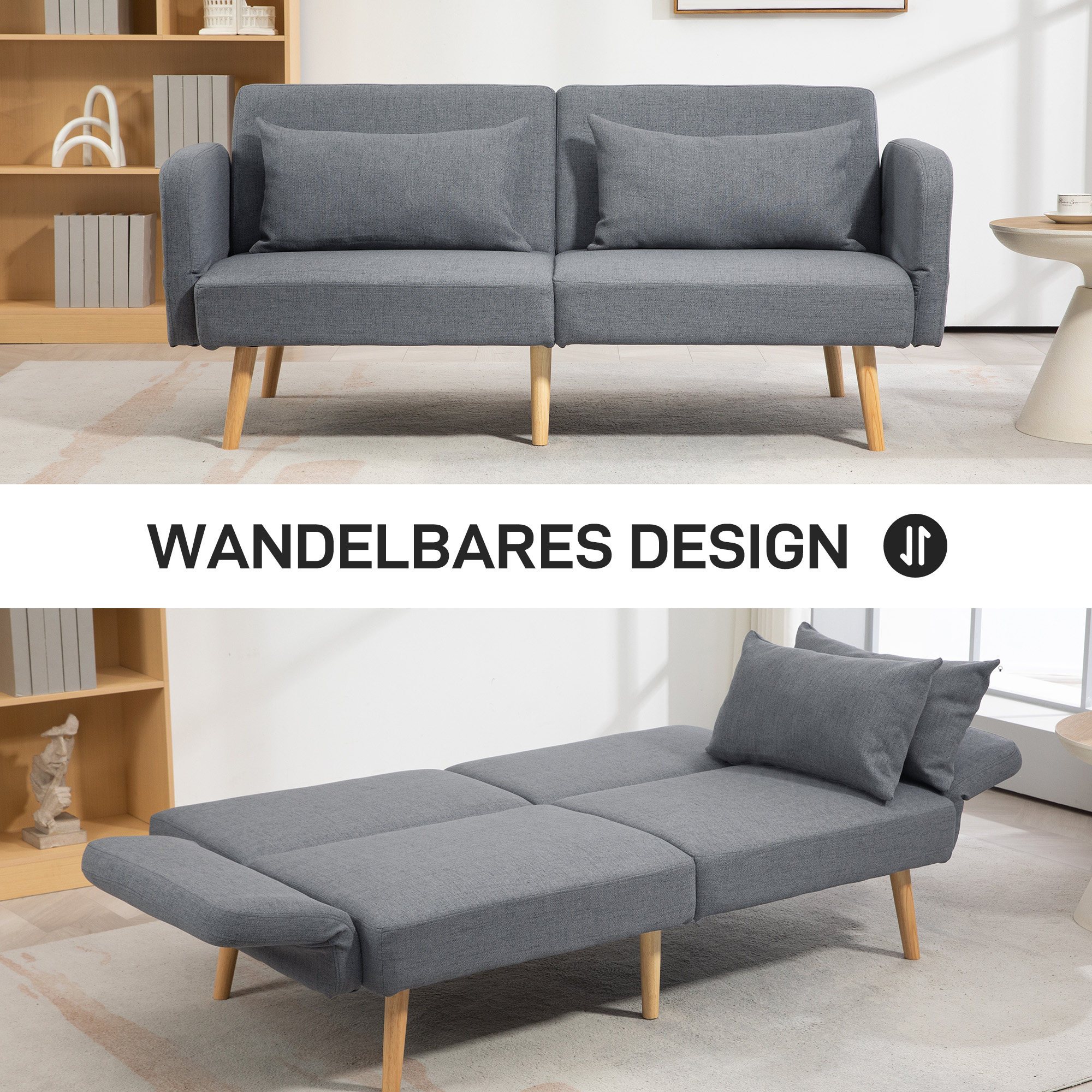 3-Sitzer Schlafsofa, Gäste-Doppelbett, bis 240 kg, Klapplehnen, Holzrahmen, 170 x 83 x 80 cm, Grau