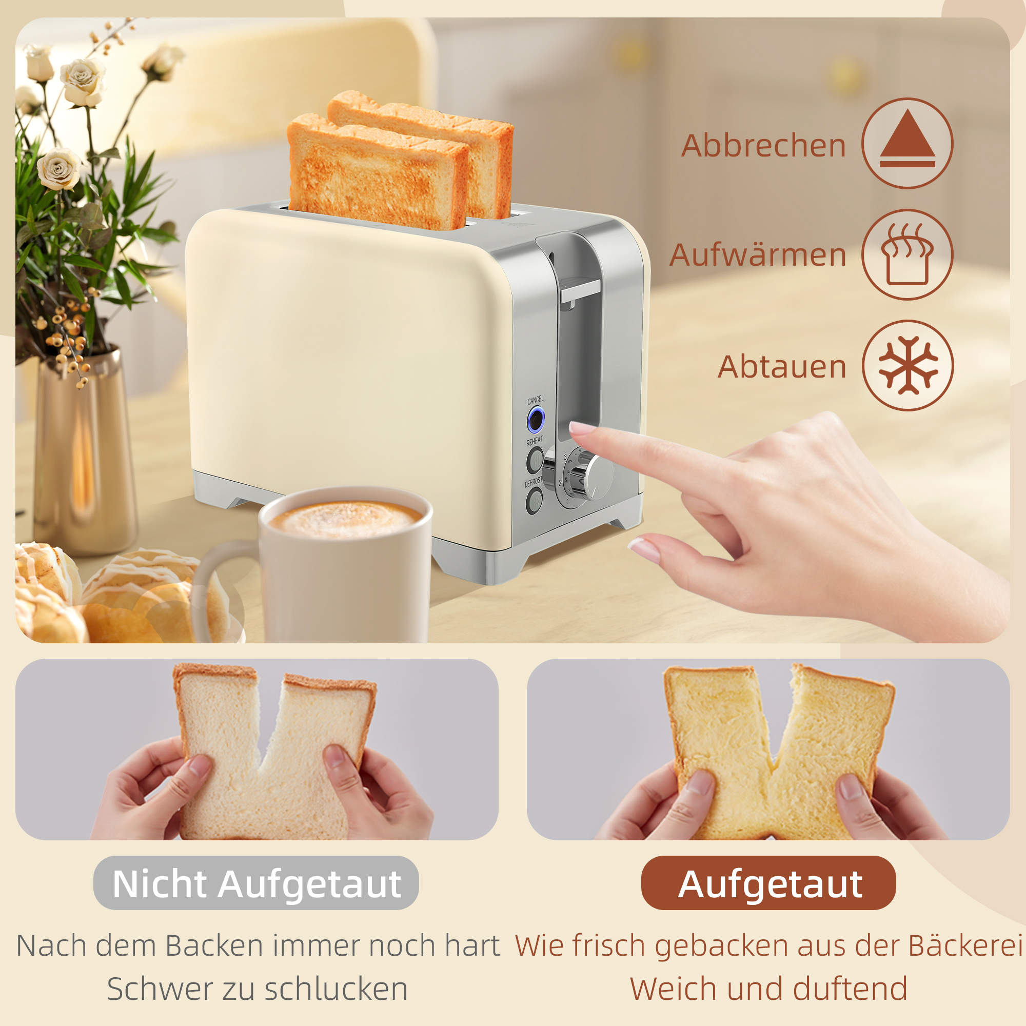 Wasserkocher- und Toaster-Set, 2200W, 7 Bräunungsstufen, versch. Funktionen, Creme
