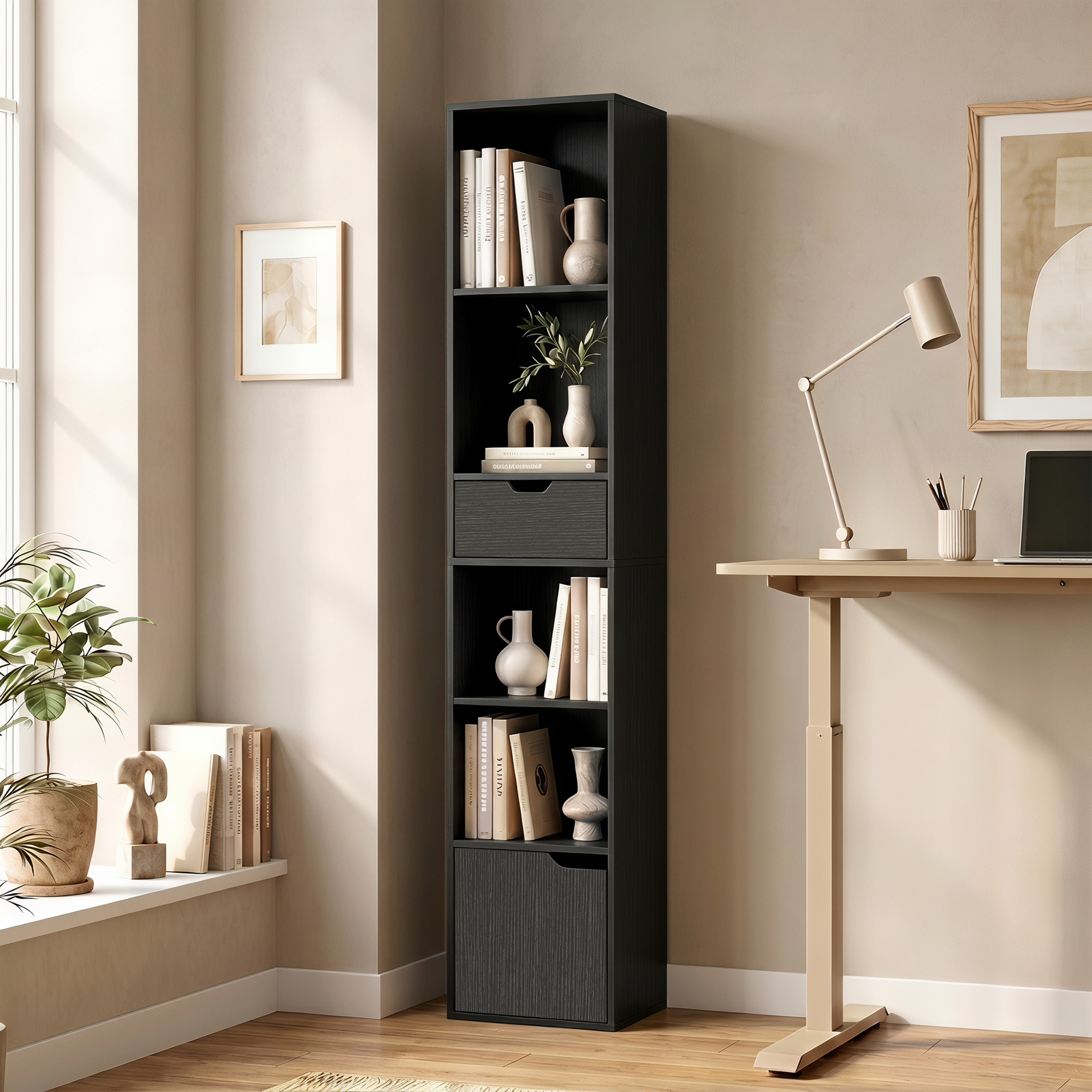 6-fach Bücherregal mit Schublade und verstellbarem Fach, freistehender Aufbewahrungsschrank, 30 x 24 x 158 cm, Schwarz