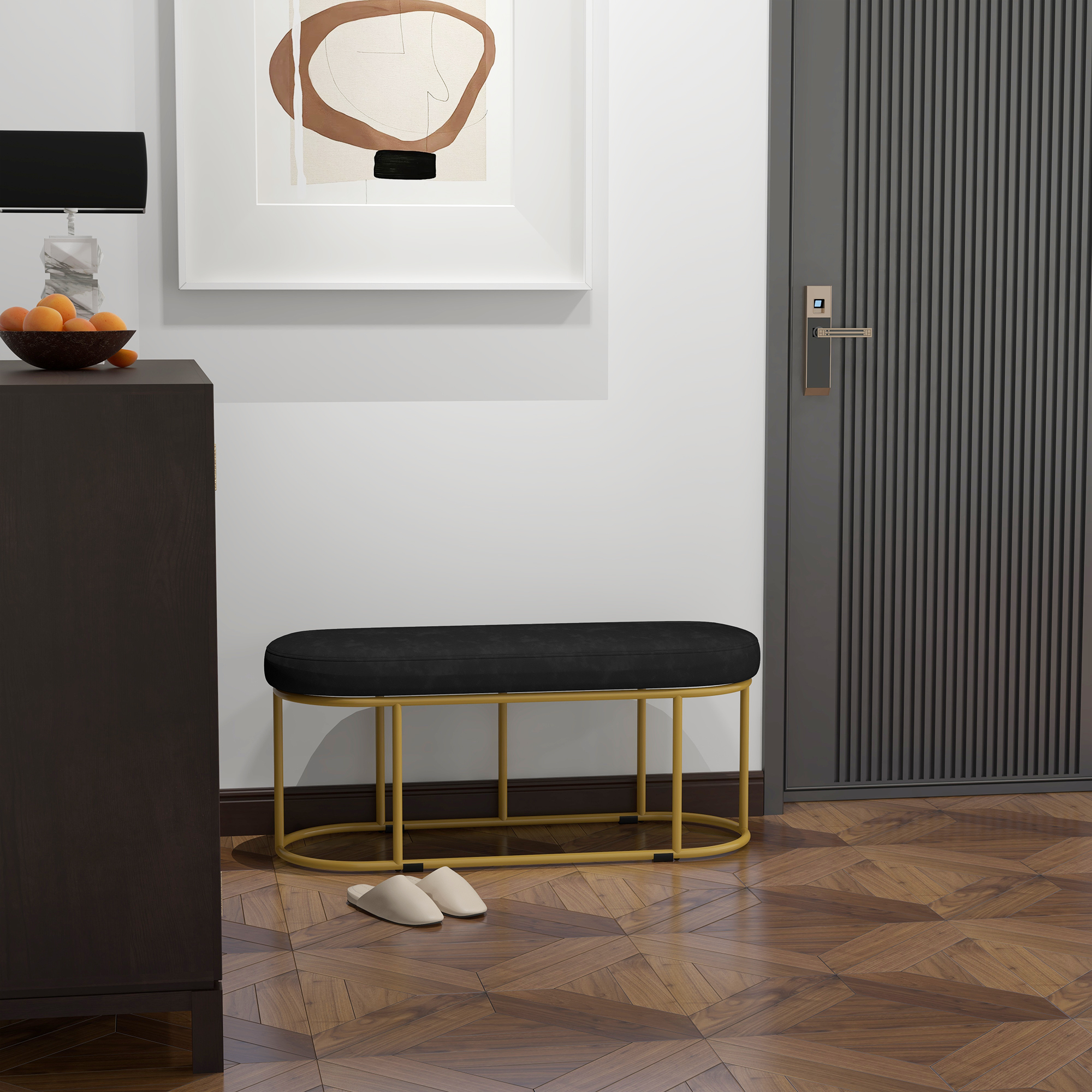 Schuhbank im Retrodesign, Bettbank, Flurbank, Samtoptik, bis 200 kg, Metallrahmen, schwarz, 100 x 37 x 43cm