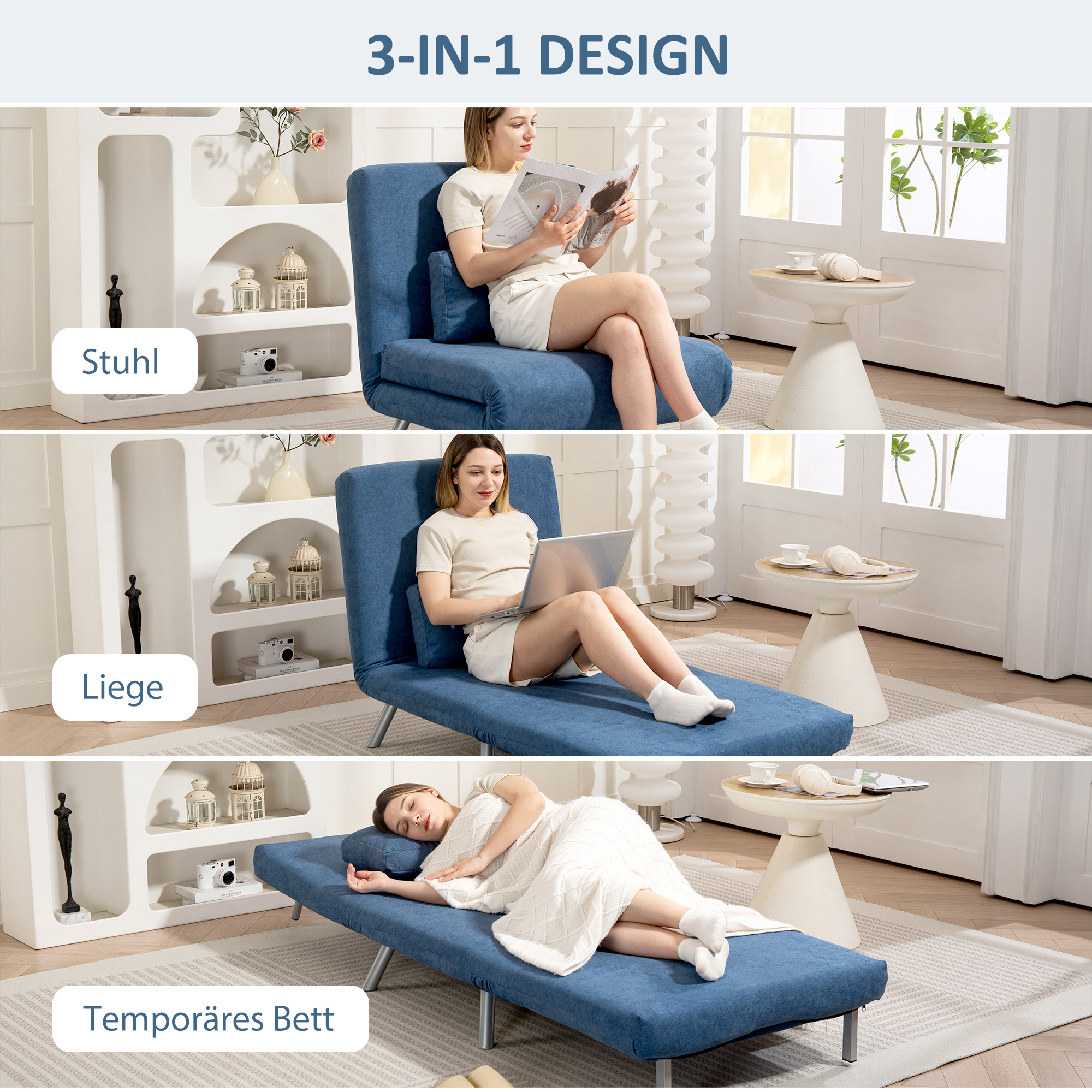 Polstersessel mit Bettfunktion, 3-in-1 Design, Schlafsessel, Gästebett, Stoffbezug, mit Kissen, Blau