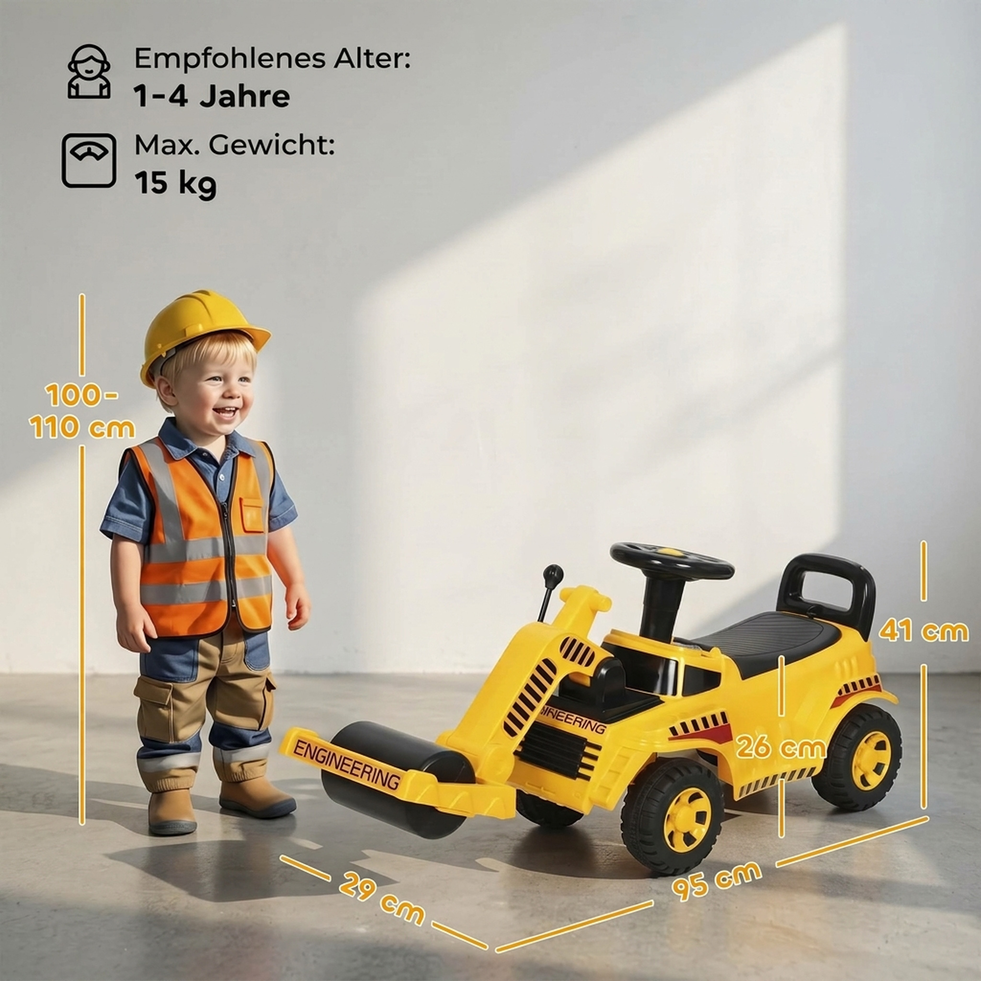 Sitzbagger Aufsitzbagger mit Schaufel Lenkrad Kinderbagger mit anhebbarer Frontwalze, Hupe, Stauraum unter dem Sitz