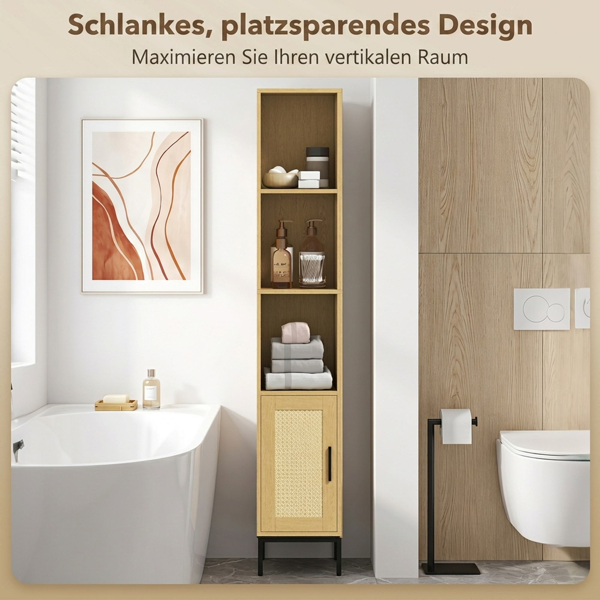 Hoher Badezimmerschrank, schmaler Badschrank mit offenen Ablagen und verstellbarem Einlegeboden, Naturholzoptik