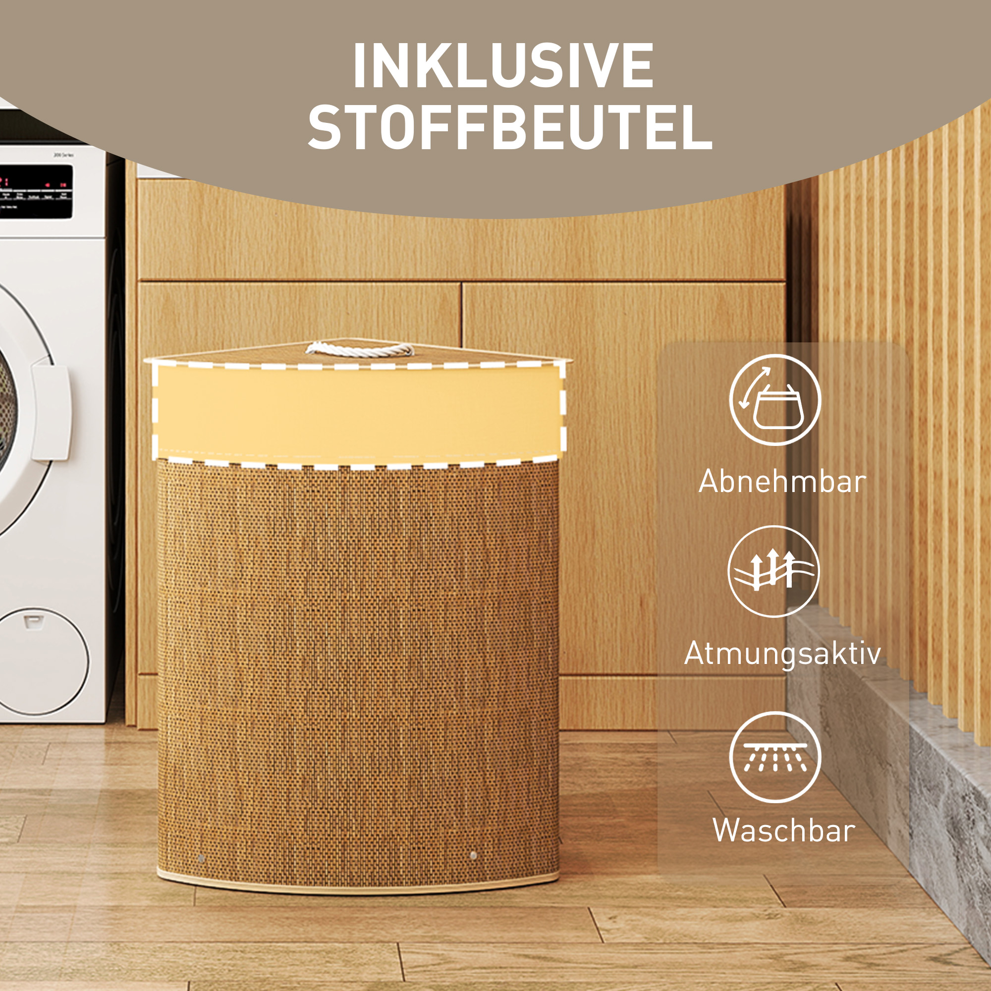 Wäschekorb im Eckdesign, Bambusgeflecht, 55 Liter, Stoffbeutel, Metallrahmen, Braun