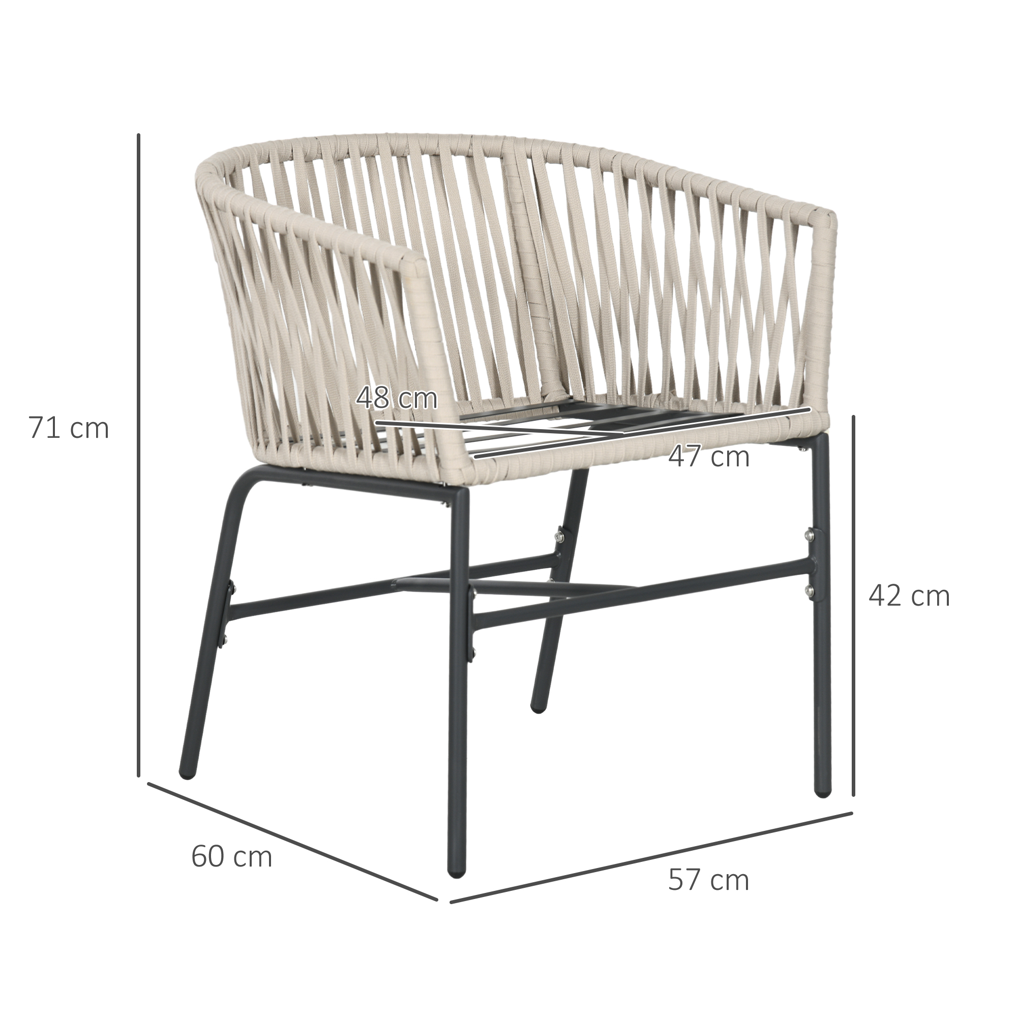 Terrassenstuhl 2er-Set, Boho-Stil, bequeme Sitzschale, Sitzauflagen, waschbarer Bezug, Metallrahmen, Beige