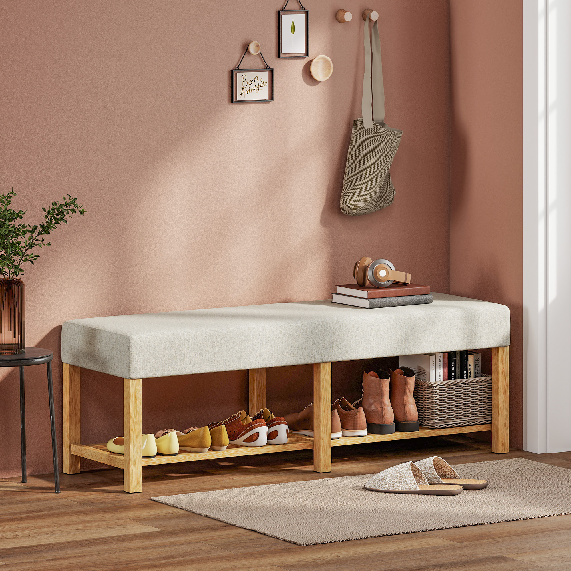 140 cm Schuhbank aus Massivholz, moderne Flurbank mit gepolsterter Sitzfläche für zwei Personen, Naturholz und Cremeweiß