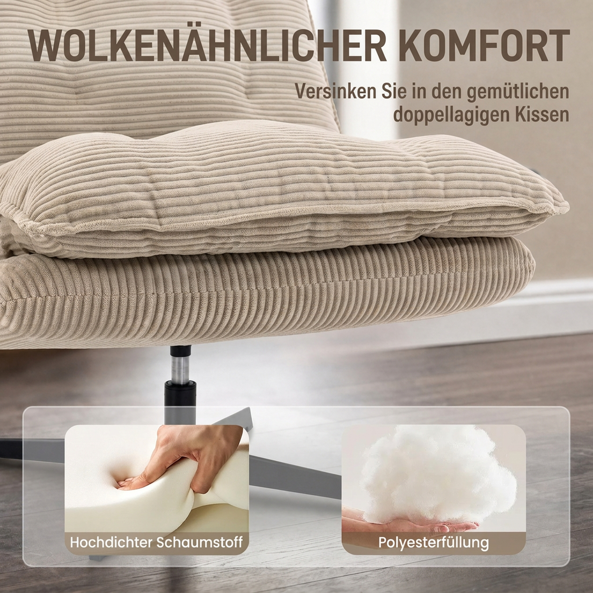 Loungesessel mit Hocker, 360° drehbar, Cordbezug, höhenverstellbare Fußstütze, Beige