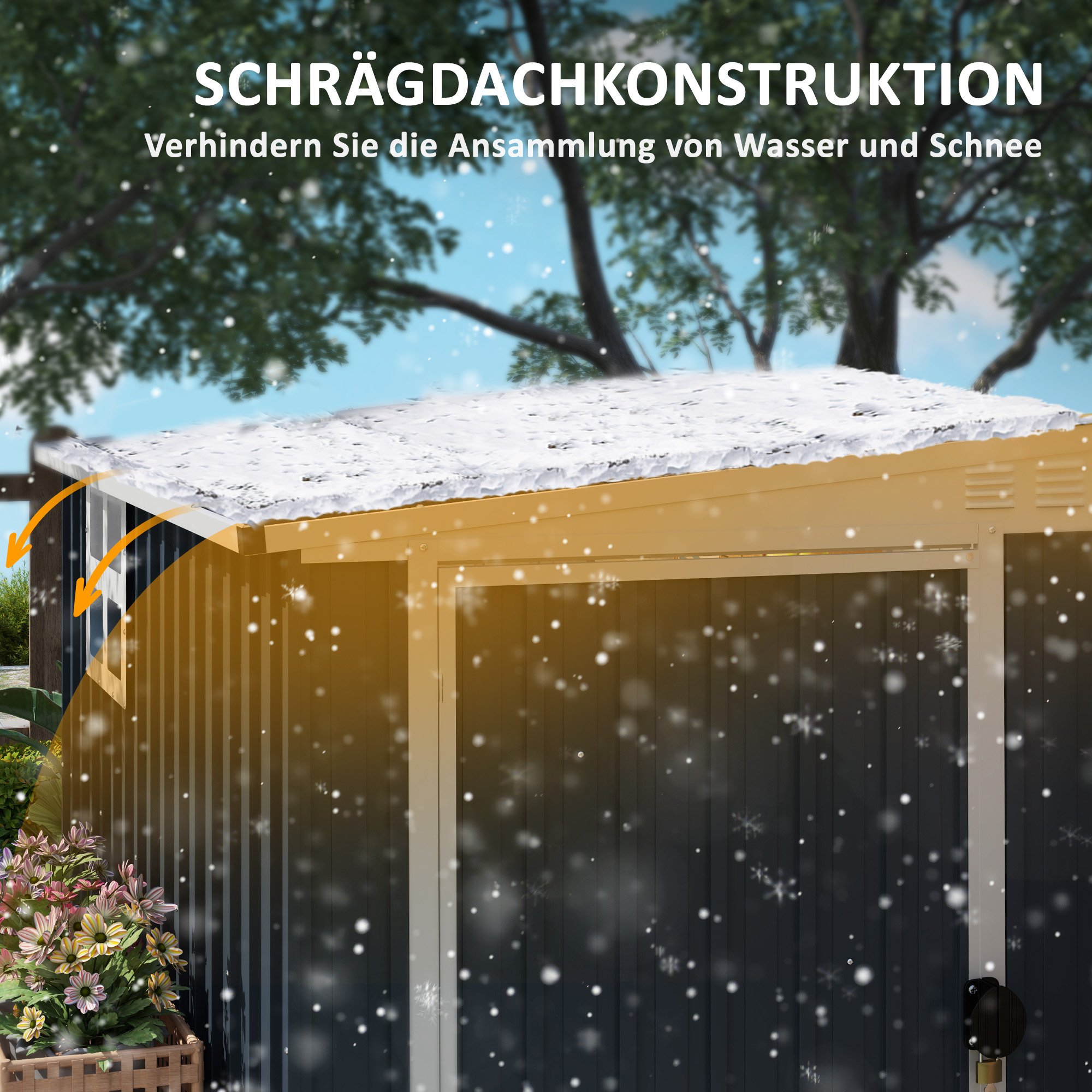 Gartenlagerschuppen, Werkzeugschuppen für Gartengeräte, Fenster, Lüftungsöffnungen, abschließbar, Stahl, Dunkelgrau