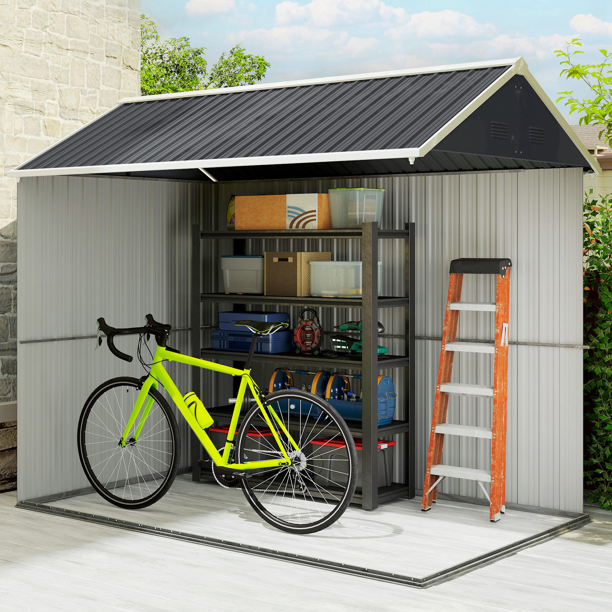 Gartenschuppen, Metallgerätehaus, Doppeltür, Fenster, 259x172x222 cm, Grau/Weiß