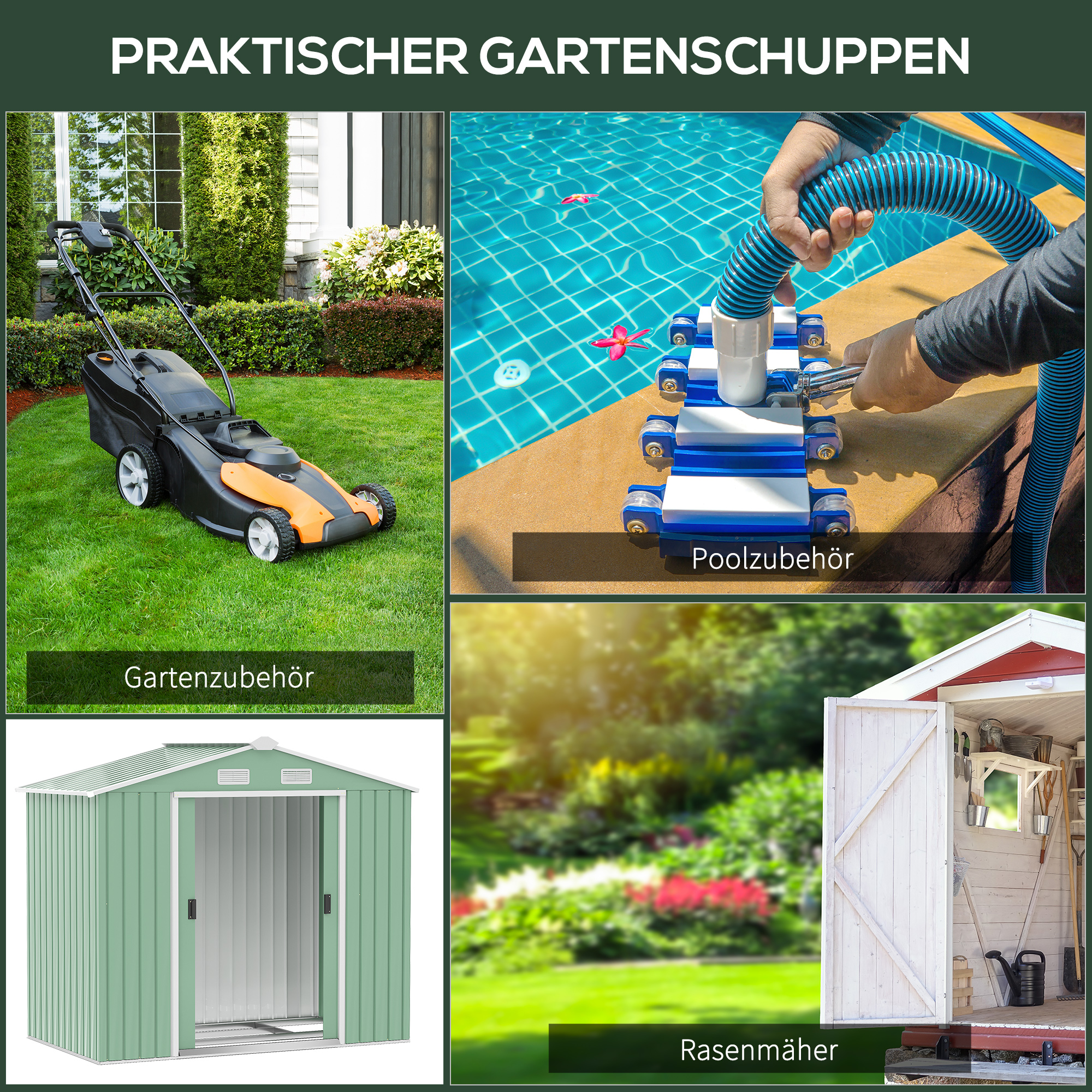 Gartenschuppen, 2 Schiebetüren, Lüftungsfenster, Bodenrahmen, rostfrei, Stahl, hellgrün, 2,13 x 1,30 x 1,85 m