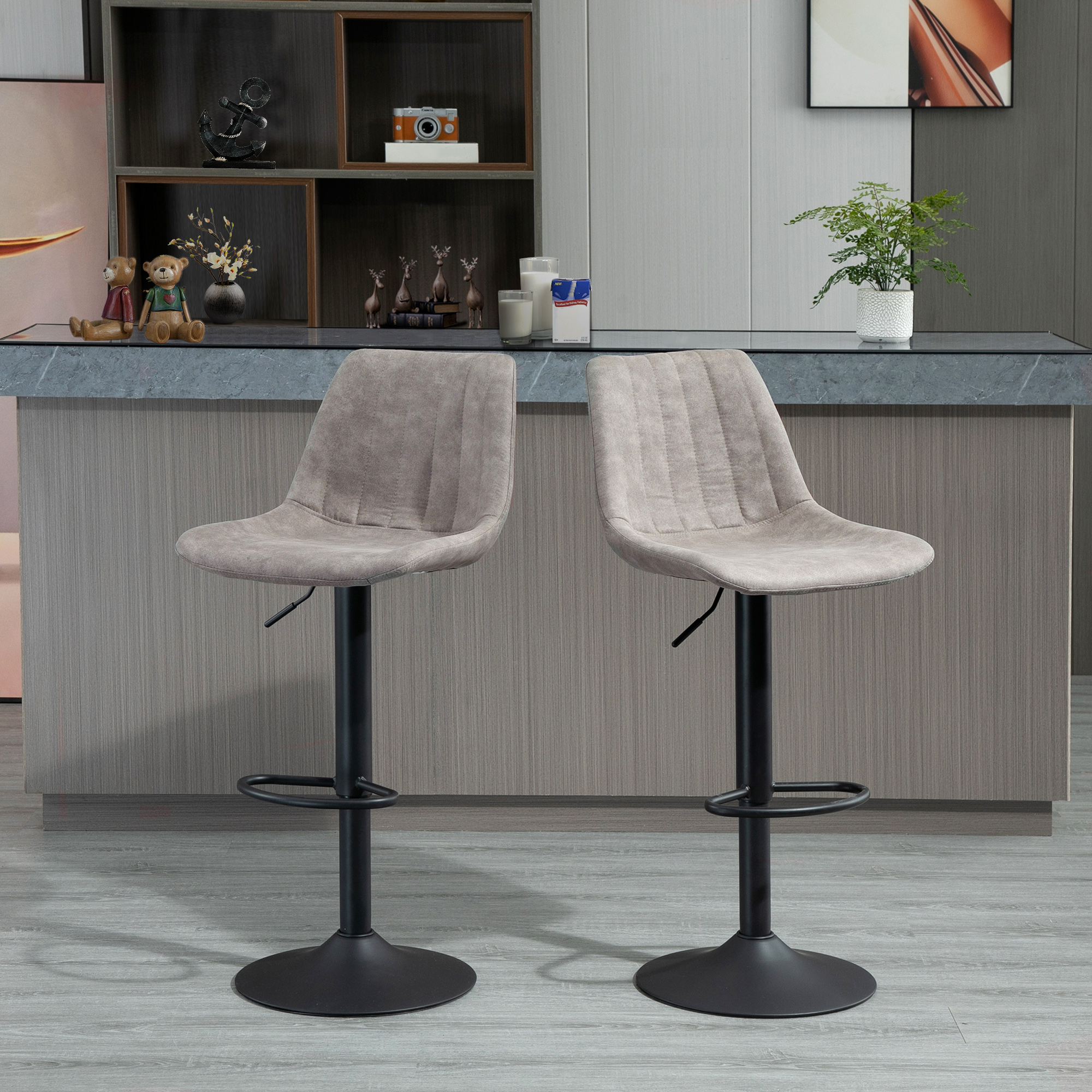 2er-Set Barhocker im Retrodesign, inkl, Fußstütze, höhenverstellbar, Gaslift, Grau + Schwarz