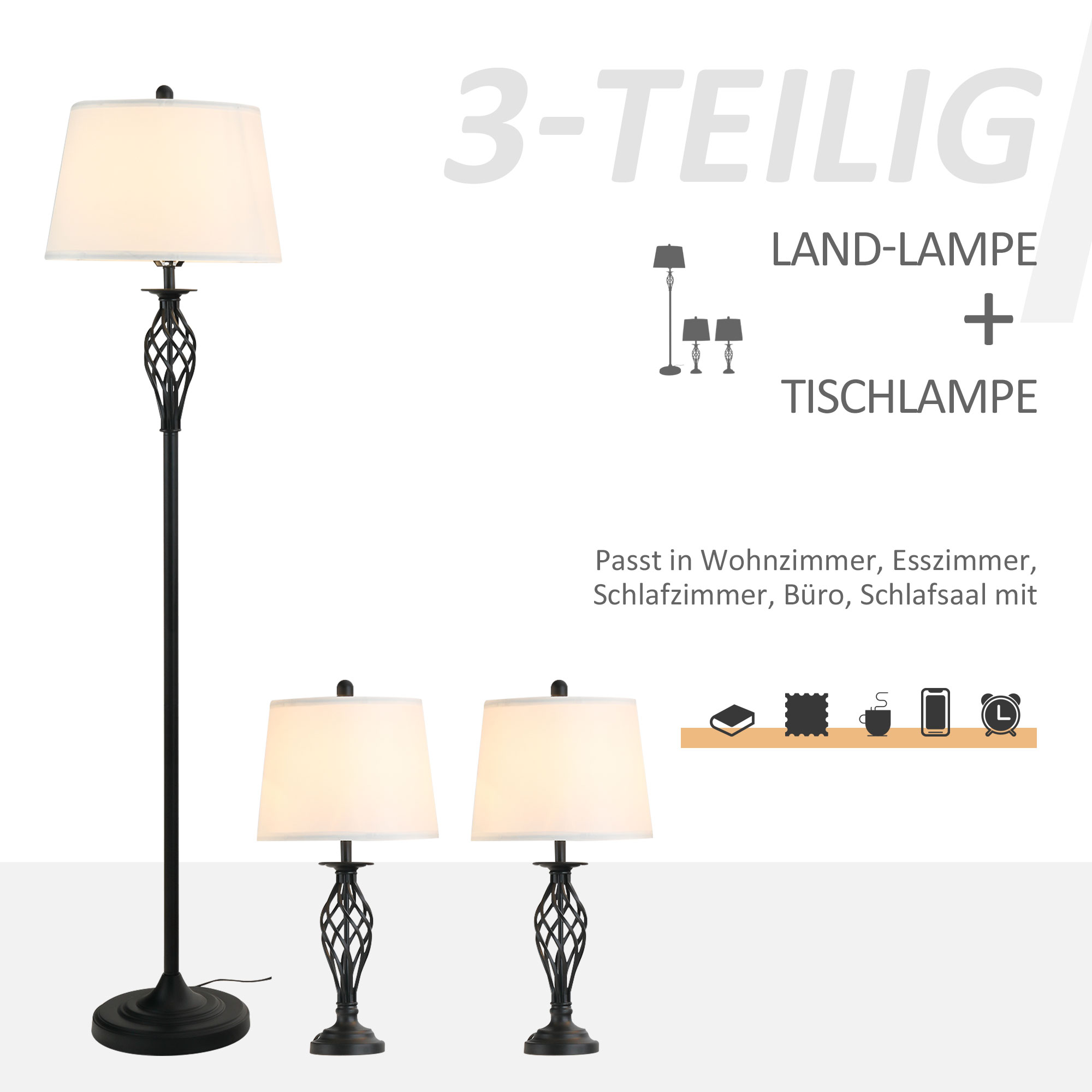 3er-Lampenset 2 Tischlampe(ø38 x 158H cm) + 1 Stehlampe(ø30 x 62H cm) Vintage Standlampe mit Fußschalter Leselampe für Wohnzimmer, Schlafzimmer Metall, Schwarz+Weiß