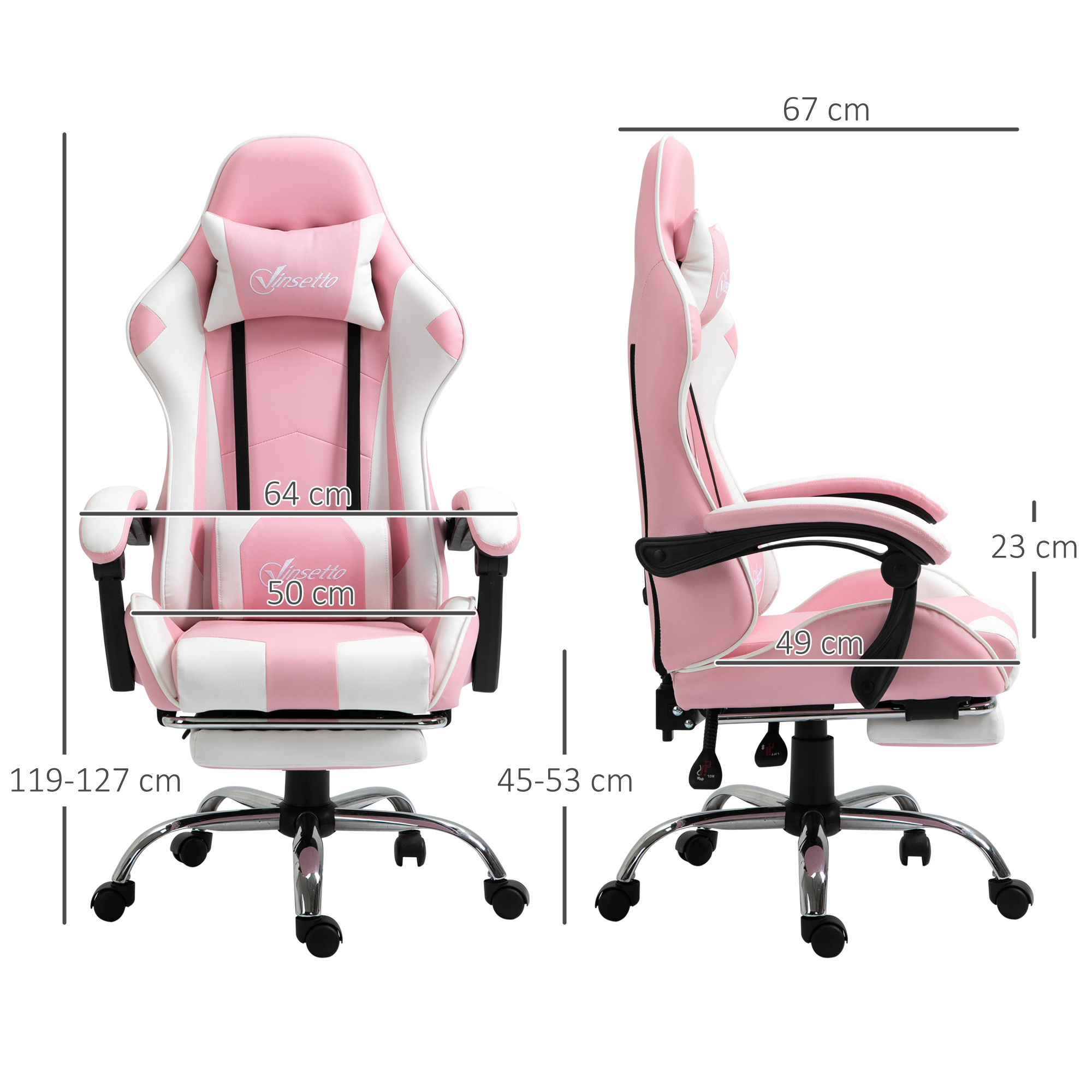 Gamingstuhl Computerstuhl Ergonomischer Bürostuhl Gamer Stuhl mit Kopfstütze Lendenkissen Bürostuhl höhenverstellbar 360°drehbar Schaumstoff Kunstleder PVC Rosa+Weiß 64 x 67 x 119-127 cm