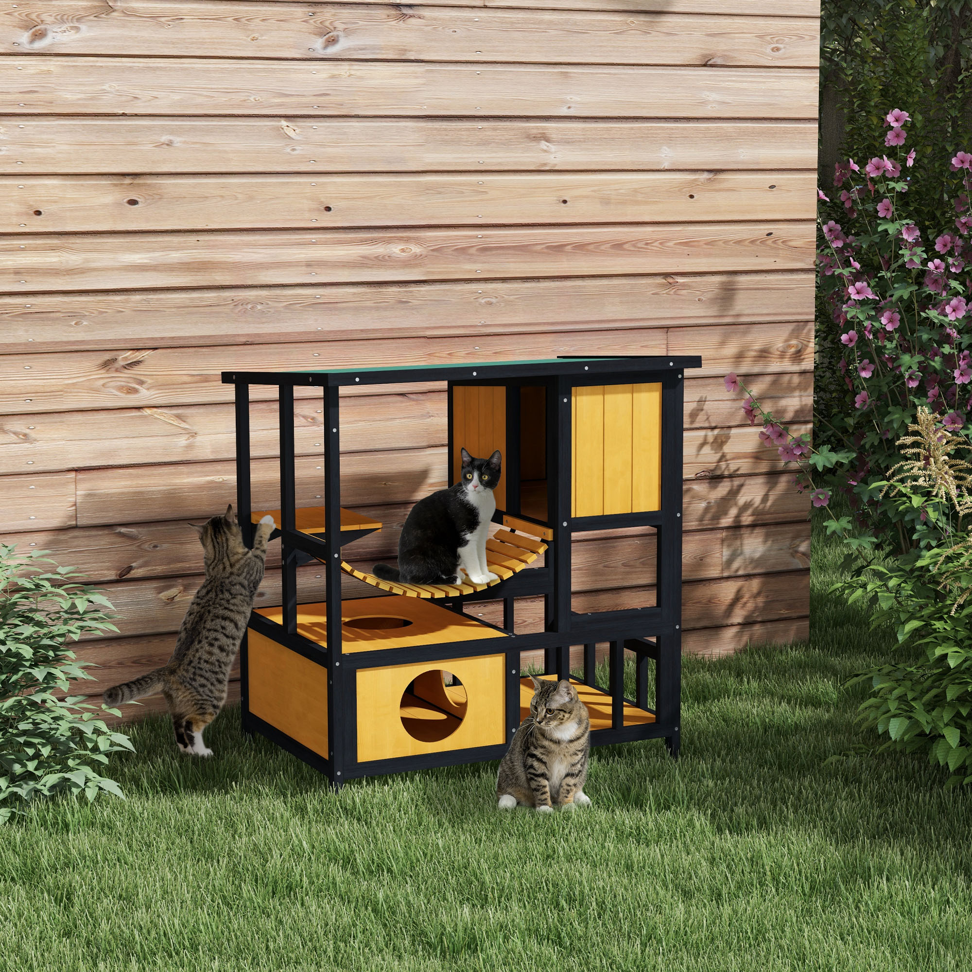 Katzenhaus Katzenhütte Katzenhöhle, wetterbeständig, 1 Rampe, 1 Plattform,  84,5 x 60 x 88 cm, Grün + Natur