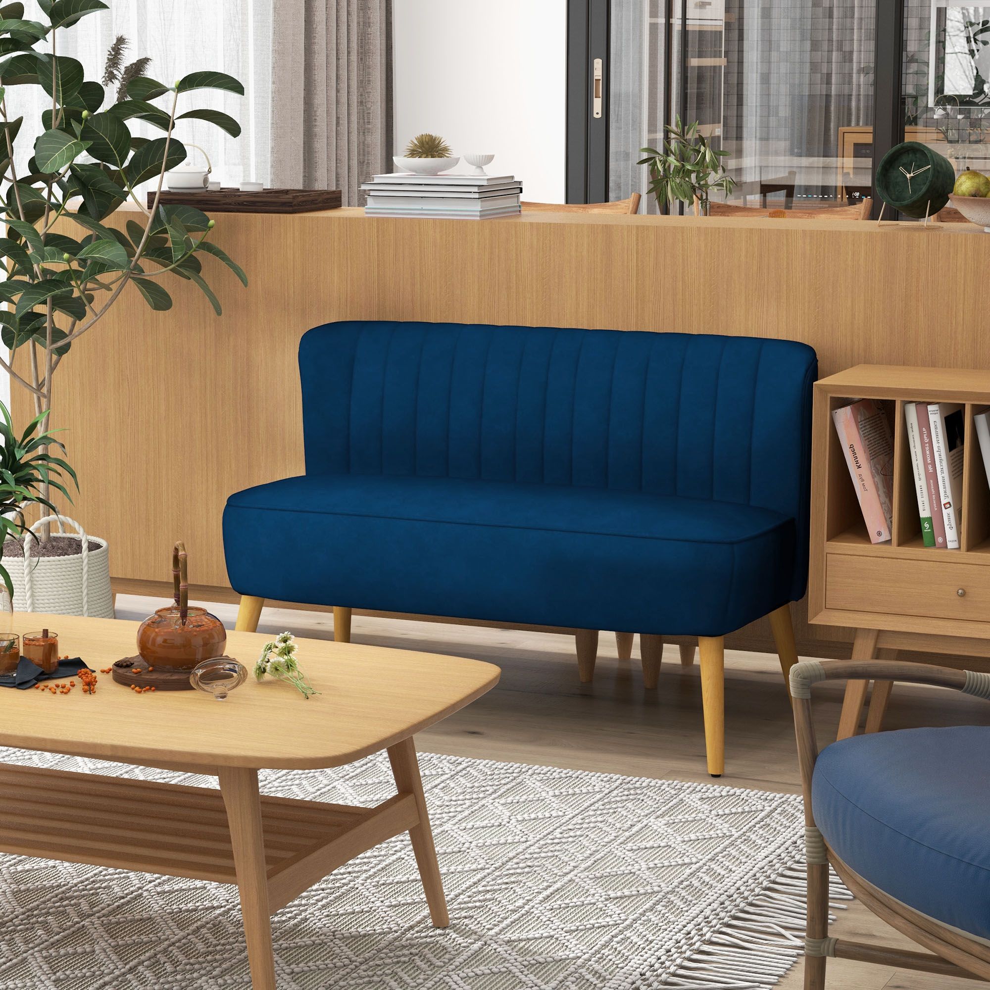 Sofa Retrodesign 2-Sitzer-Sofa, Holzbeine, 117 cm x 56,5 cm x 77 cm, Blau