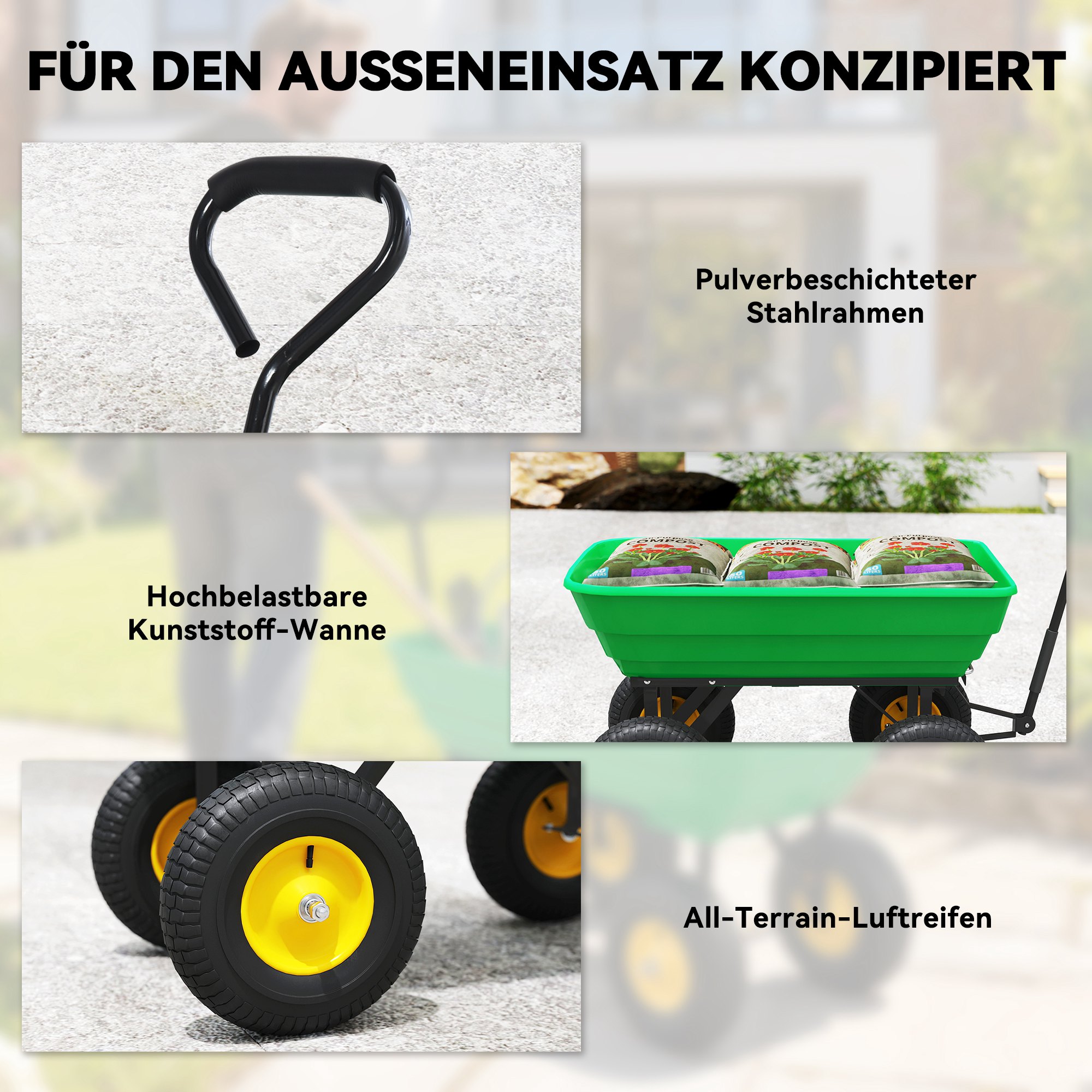 Gartenwagen mit Kippfunktion bis 200 kg Handwagen mit 75 Liter Kunststoffwanne Ziehgriff Luftbereifung Dunkelgrün