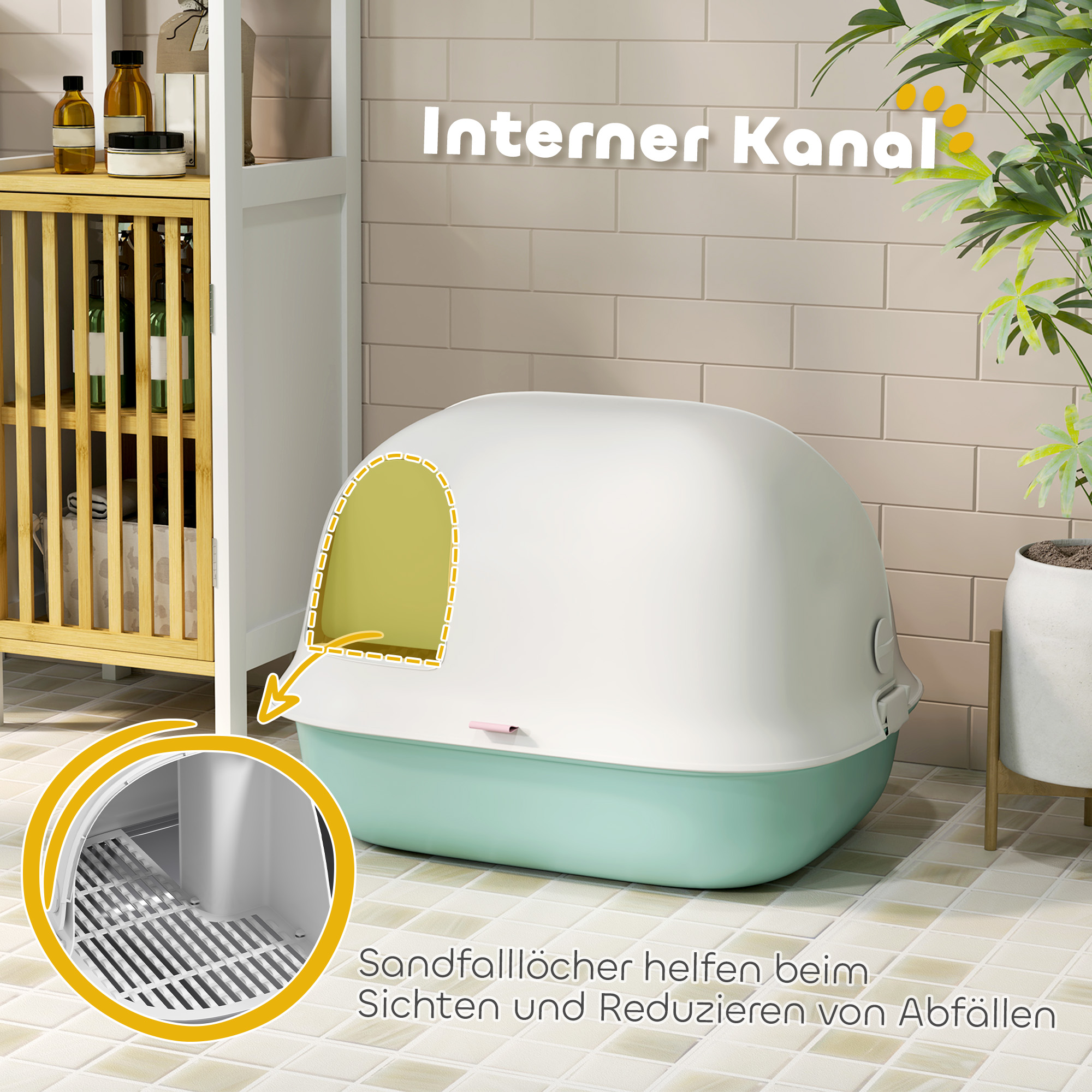 Katzentoilette mit Deckel, Katzenklo mit internem Kanal, Tür, Schaufel, leicht zu reinigen, Kunststoff, Grün