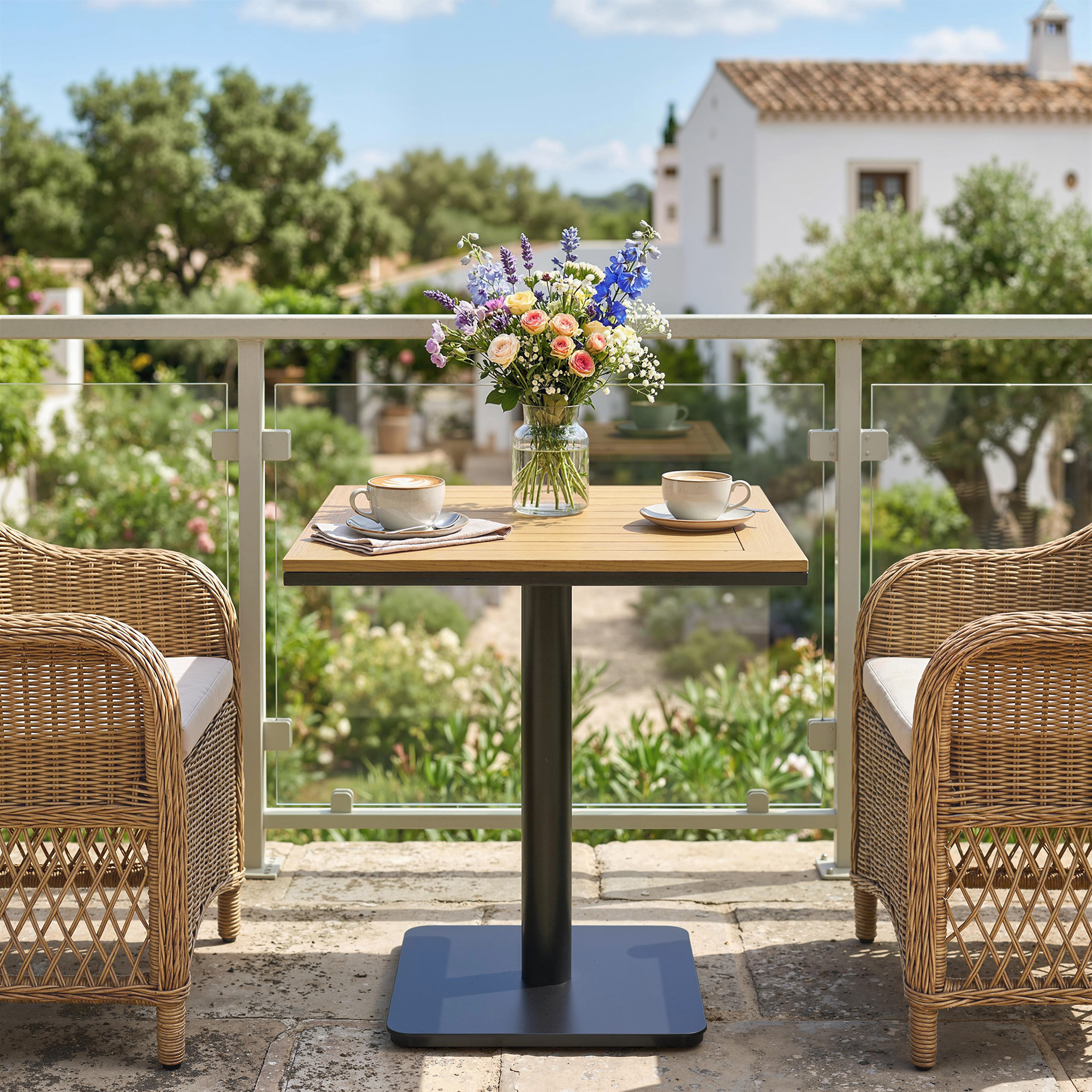 Beistelltisch 70 x 70 cm wetterfest Gartentisch mit Holzoptik Breite Basis, Quadratisch Naturholz