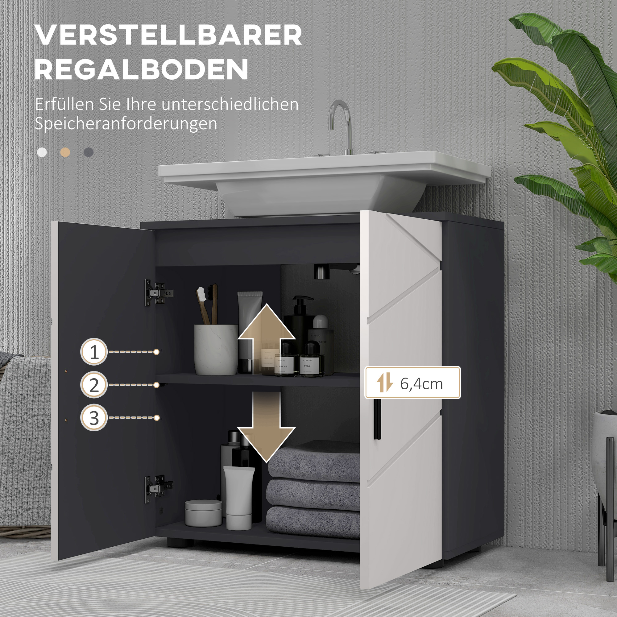 Badezimmerschrank, Badkommode, Waschbecken-Unterschrank, 2 Ebenen, Holz, Hellgrau