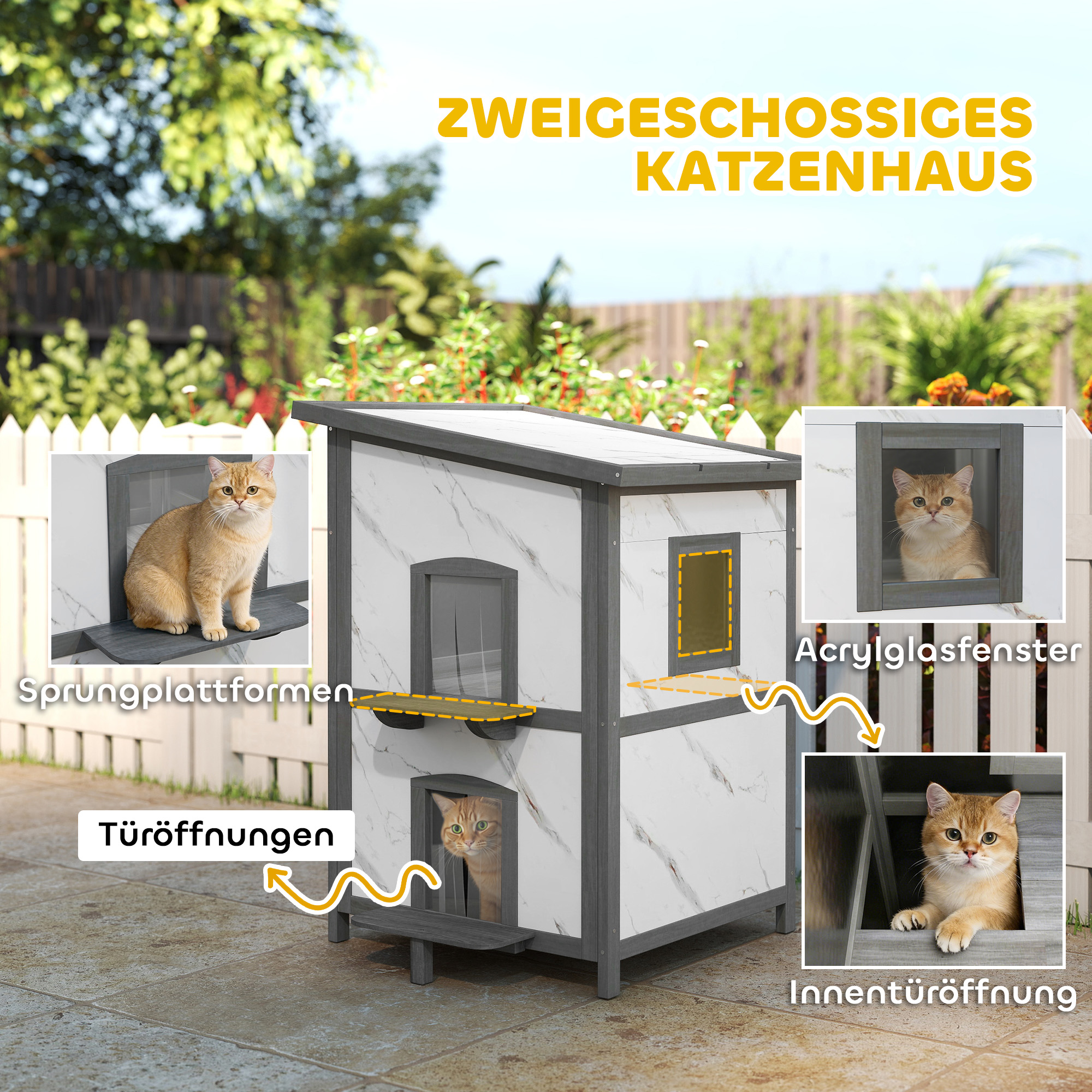 Outdoor-Katzenhaus, Holzhaus für Katzen, mehrere Eingänge, Fenster, Wasserfest, 60 x 60 x 88 cm, Weiß