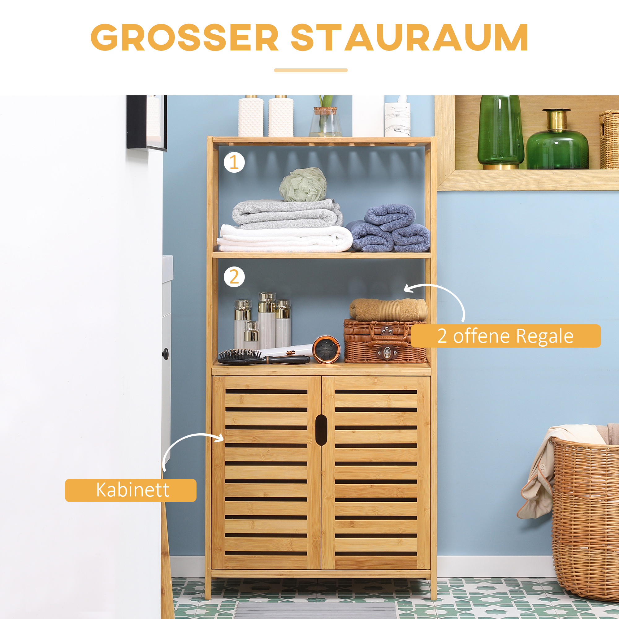 Badezimmerschrank, Badezimmerkommode mit Lamellentüren, Badregal, Bambusholz, Naturholz