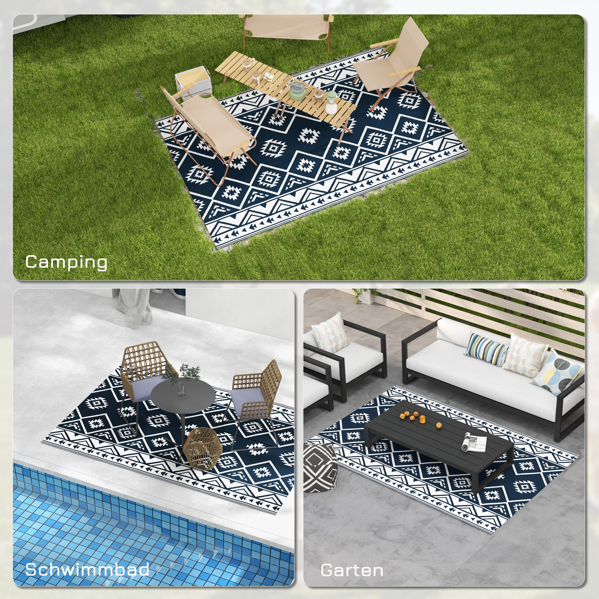 Outdoorteppich Terrassenteppich, wetterbeständig, modernes Design, 182 cm x 274 cm x 0,3 cm, Schwarz + Weiß