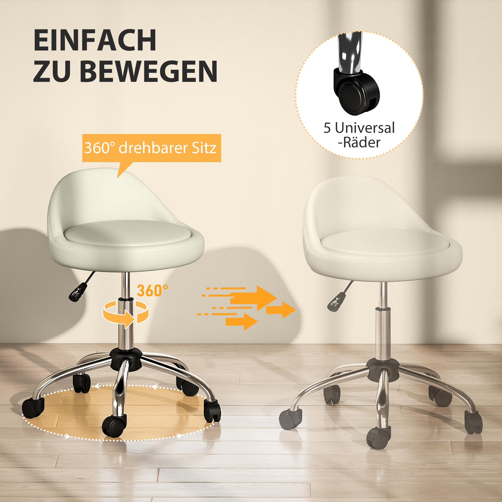 Arbeitshocker Drehhocker Rollhocker, höhenverstellbar, drehbare Sitzfläche, 50cm x 50 cm x 83 cm, Weiß