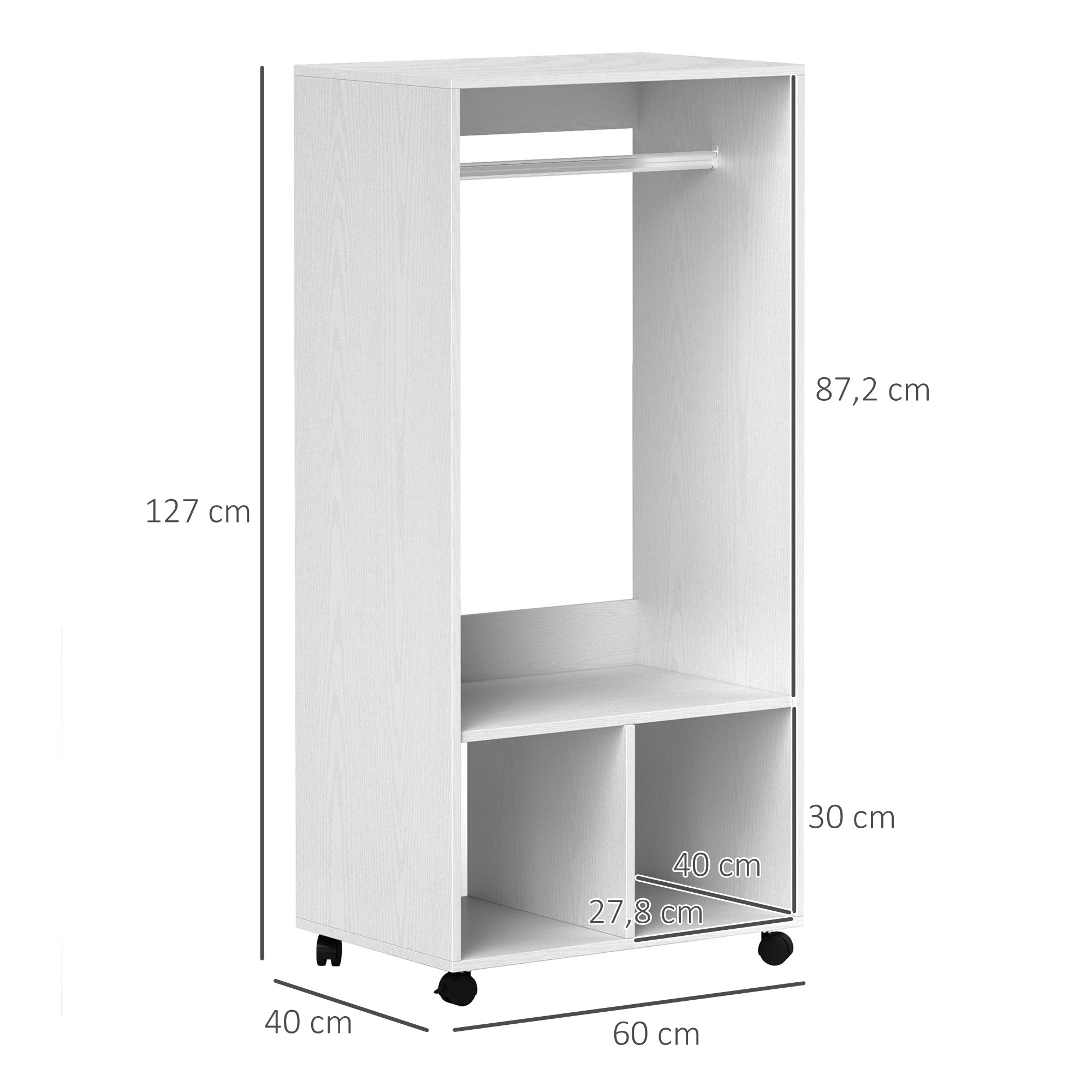 Kleiderschrank Garderobe,60 cm x 40 cm x 127 cm, 1 Kleiderstange, 2 Regale, Weiß