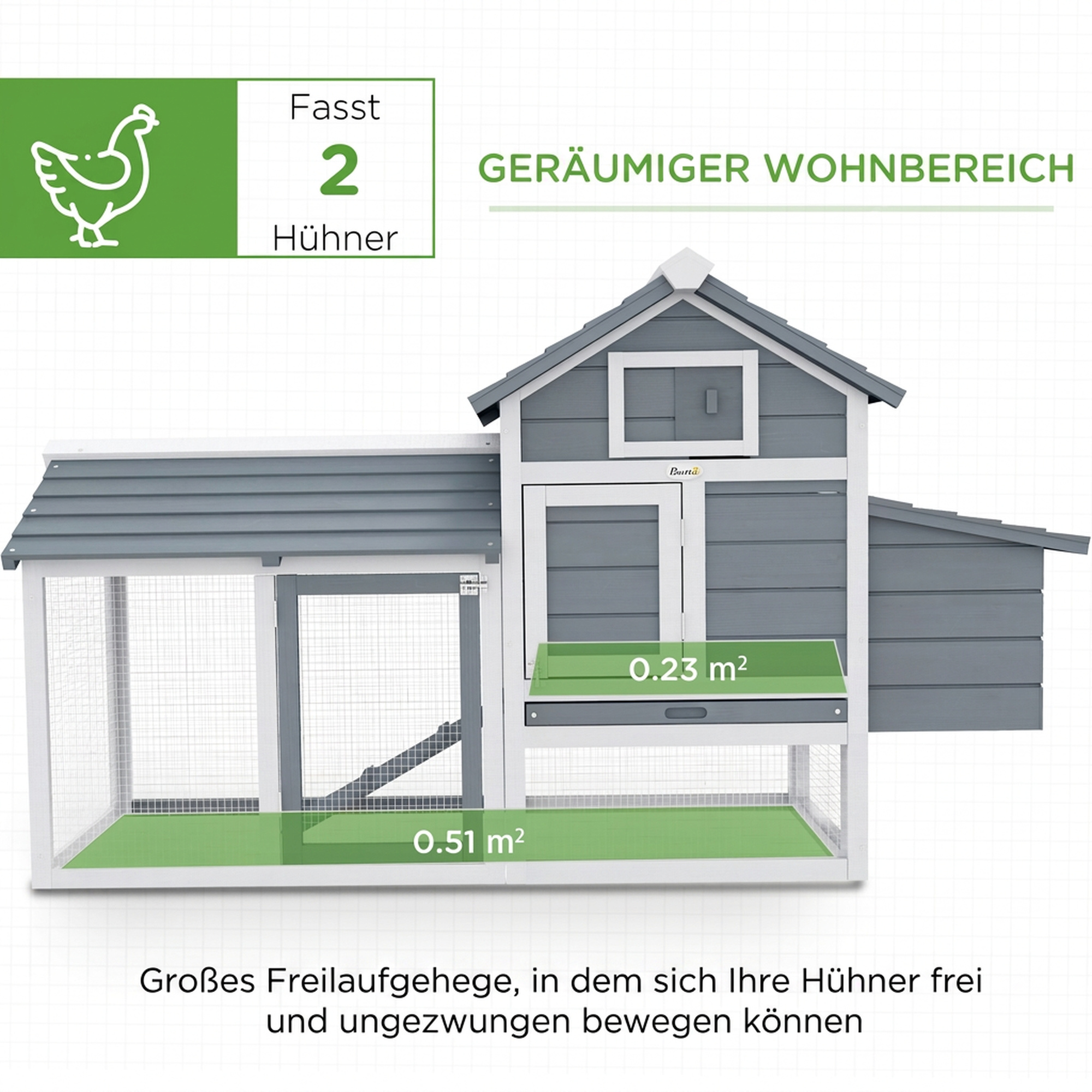Hühnerstall Holz Hühnerhaus für 2-3 Hühner 151,5 x 54 x 87 cm Hühnervoliere mit Auslauf Nistkasten 2 Türen Winterfest