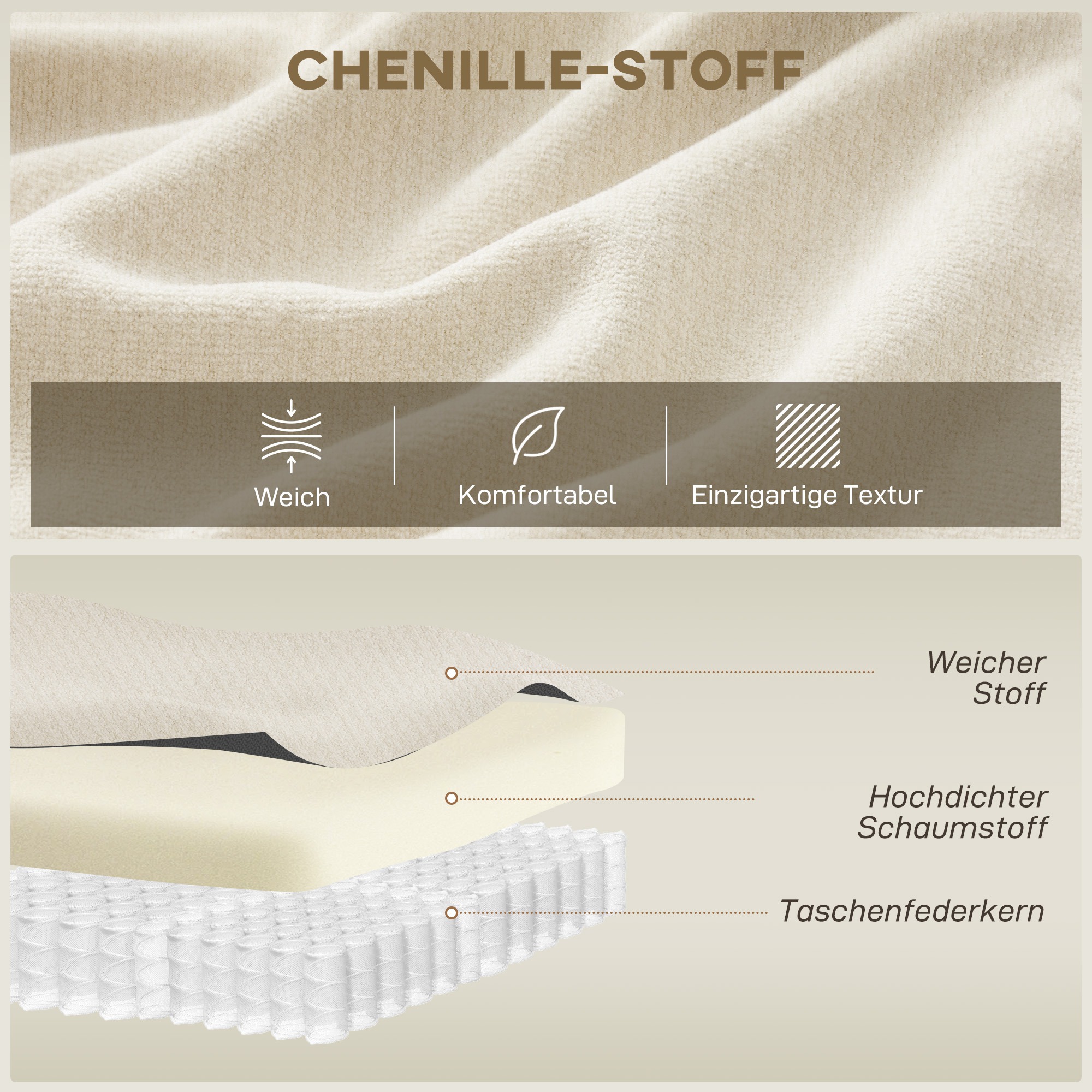3-Sitzer-Sofa, 260 cm Chenille-Sofa mit breiter Sitzfläche, Federkernpolsterung, hochdichtem Schaumstoff, 3 Kissen creme