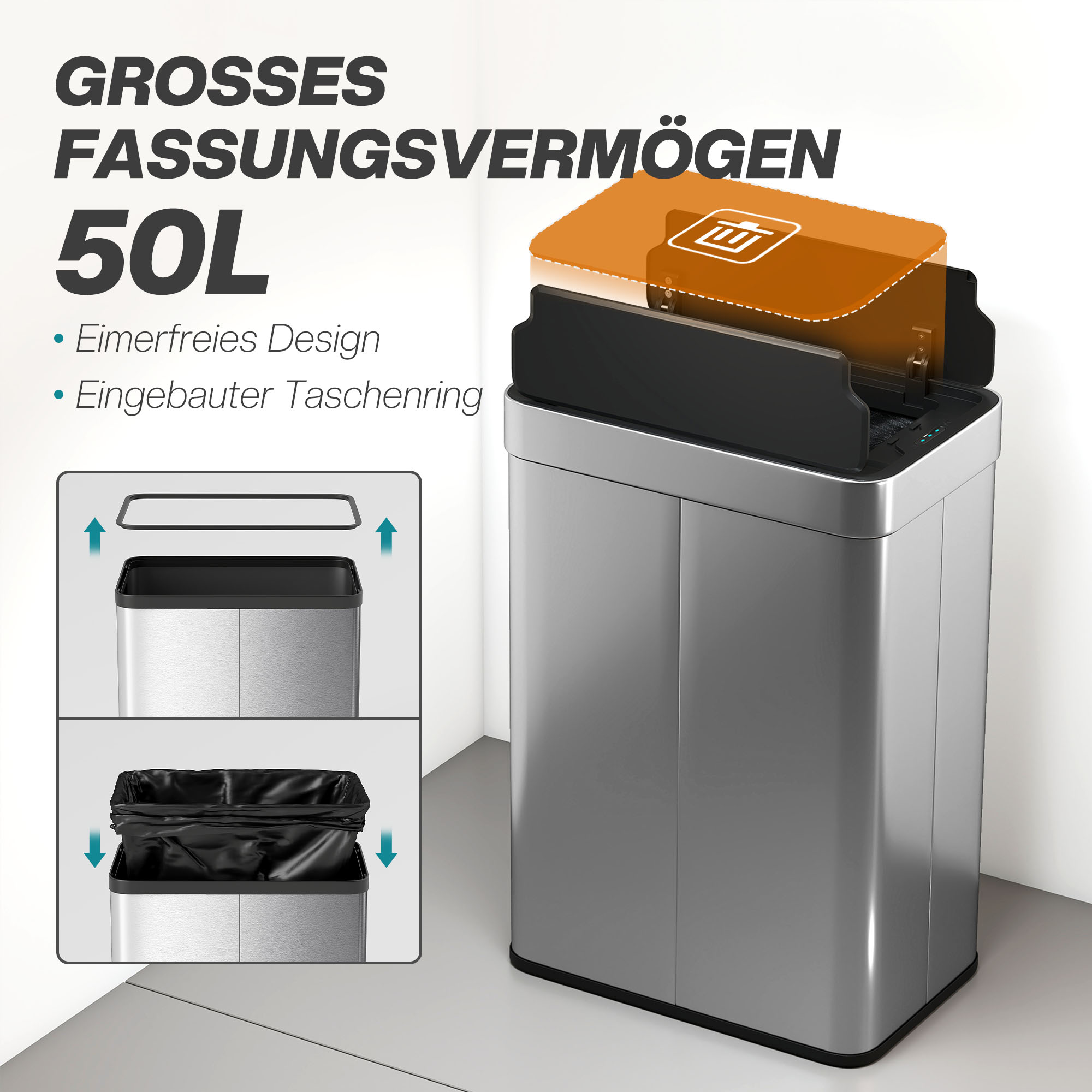 Sensor-Mülleimer, 55 L Kapazität, Schmetterlingsdeckel, öffnet automatisch, Edelstahl, Silberfarben