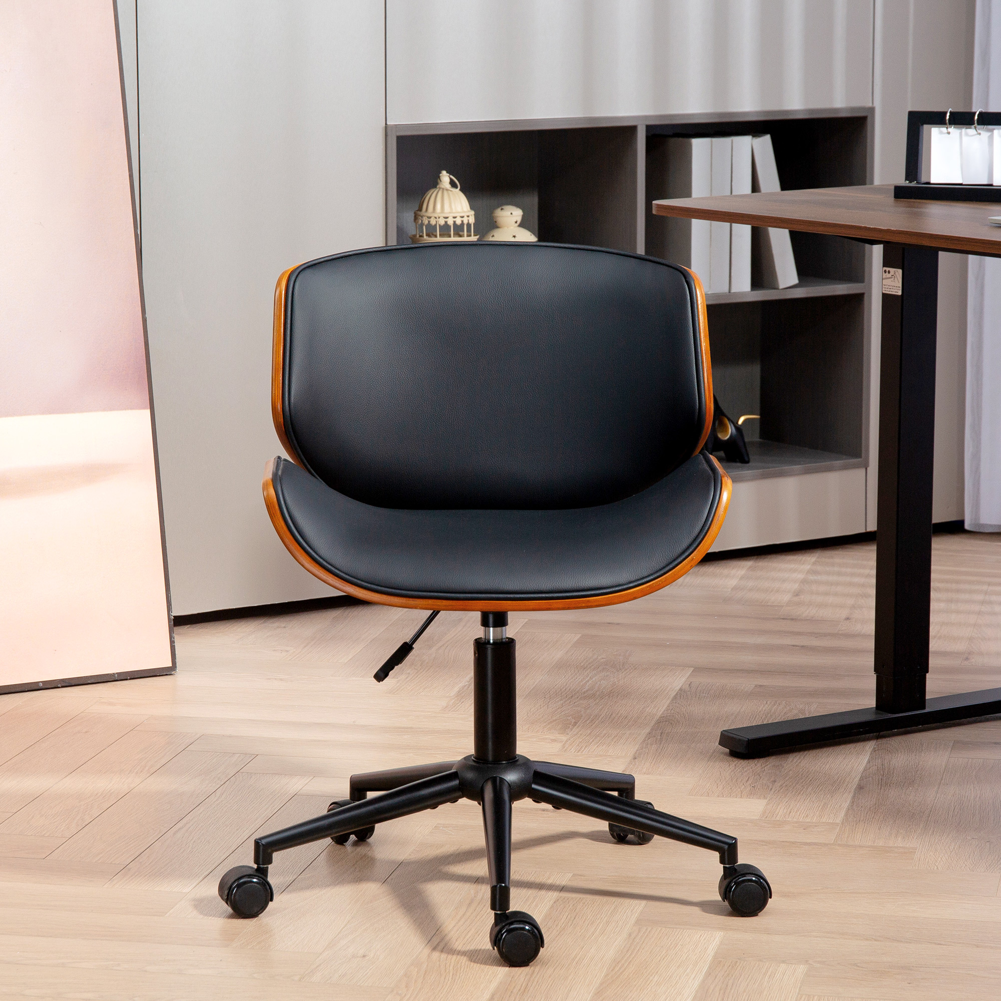Homeoffice Stuhl aus Kunstleder höhenverstellbar Drehstuhl bis 135 kg belastbar 52 x 54 x 74-84 cm Schwarz+Walnussbraun