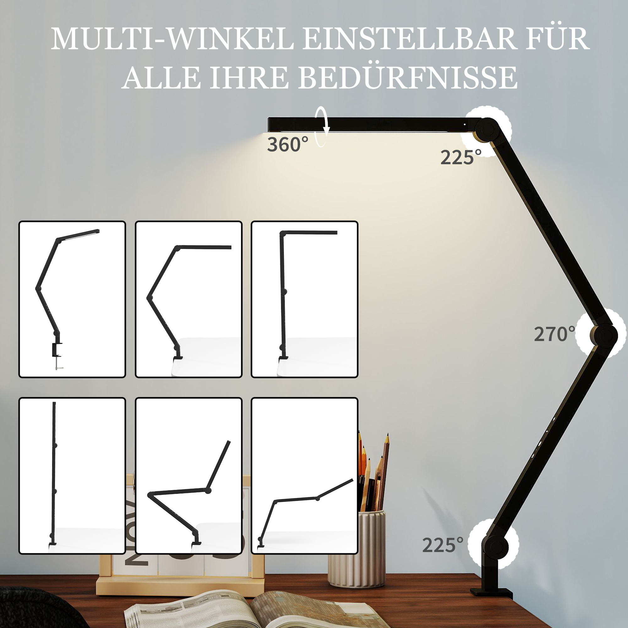 Schreibtischlampe, anpassbare Helligkeit und Farbe, Metallklemme, 96 LEDs, Schwarz