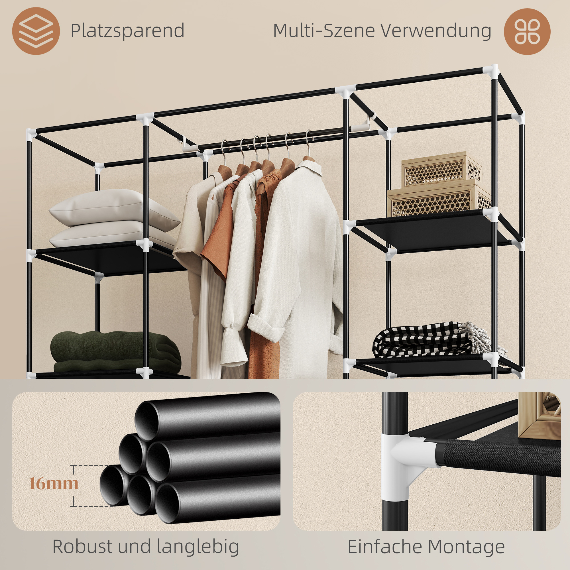 Stoffschrank aus Vlies, Faltschrank, 1 Kleiderstange, 9 Regale, 150 cm x 43 cm x 162,5 cm, Schwarz