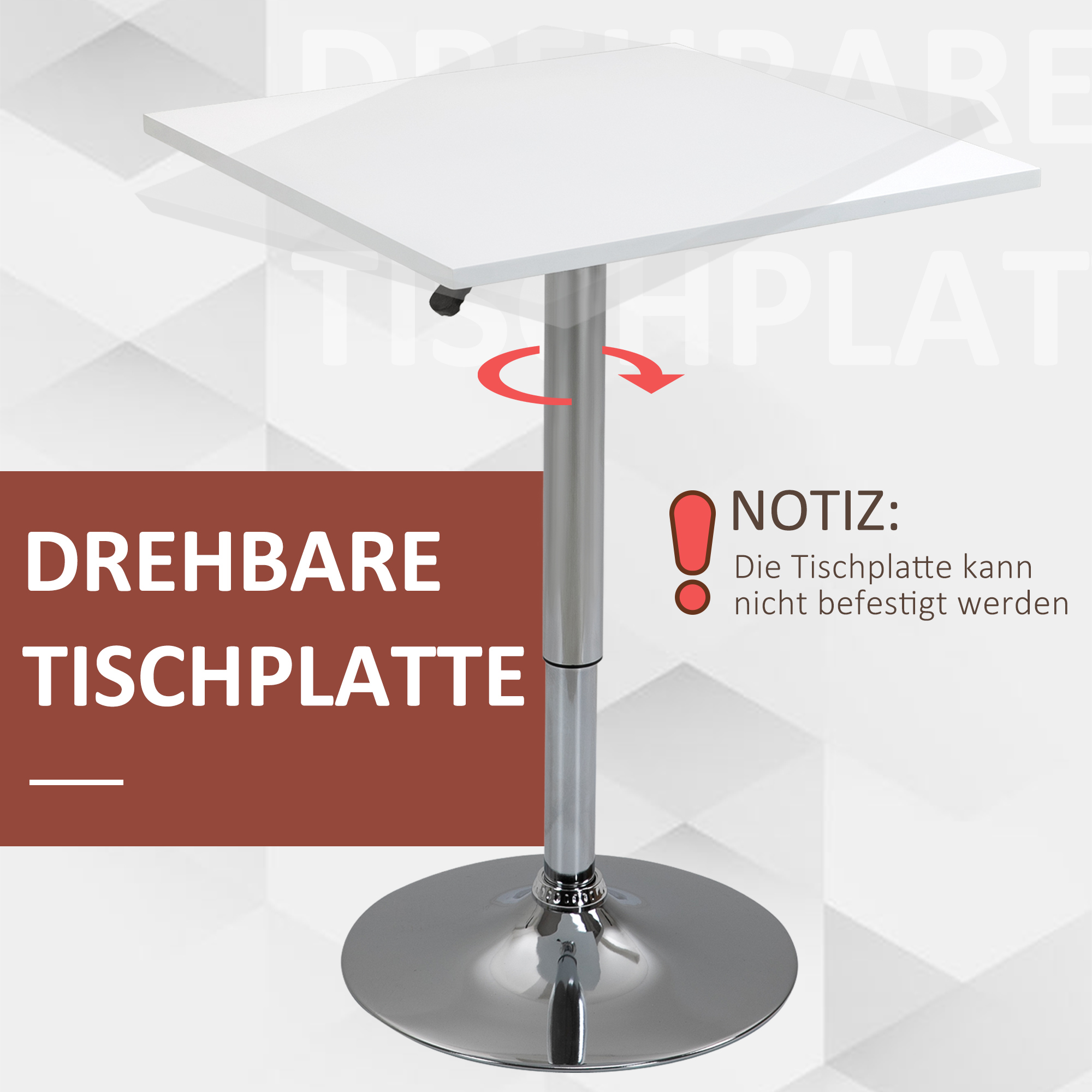 Höhenverstellbarer Bartisch, 360° drehbar, kratzfeste Füße, stabile Metallbasis, Weiß