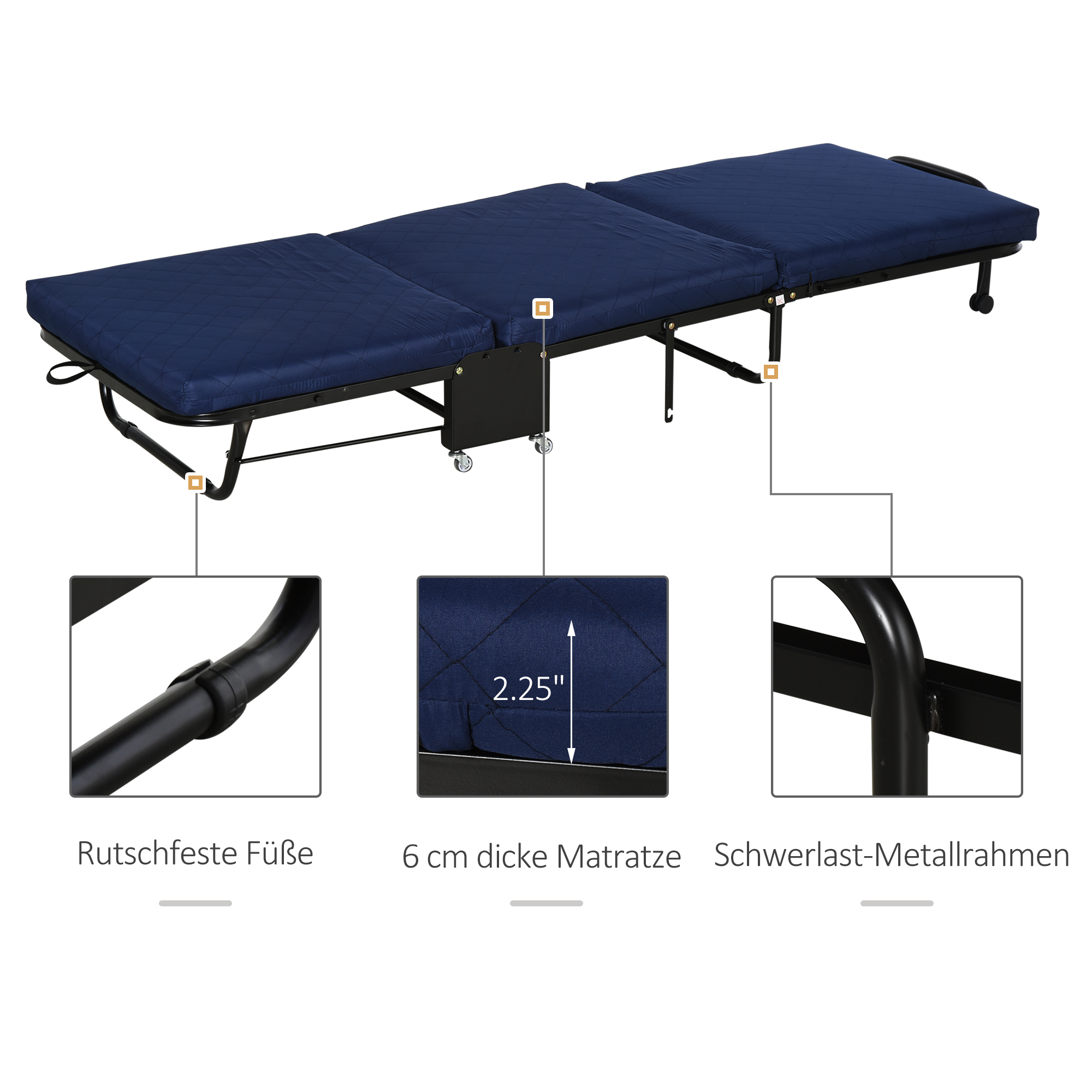 Klappbett 65x184 cm, Erwachsene Gästebett Klappbar mit 6 cm Dicker Schaumstoff, Reisebett mit Metallrahmen, Feldbett mit Rollen und höhenverstellbarem Kopfteil, bis 120 kg belastbar, Blau