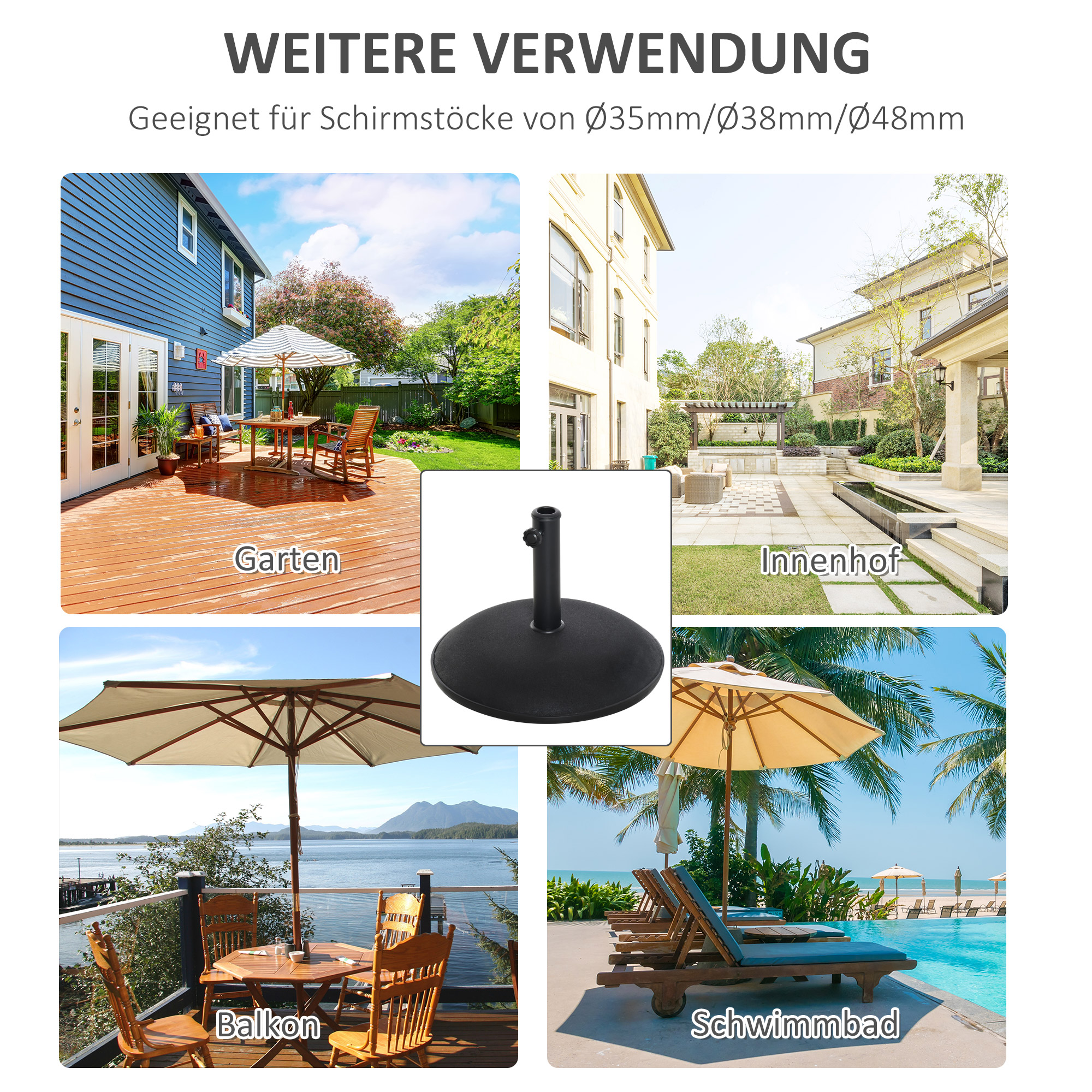 Schirmständer, Sonnenschirmständer, 3 Adapter, verstellbar, Zement, 25 kg, Schwarz