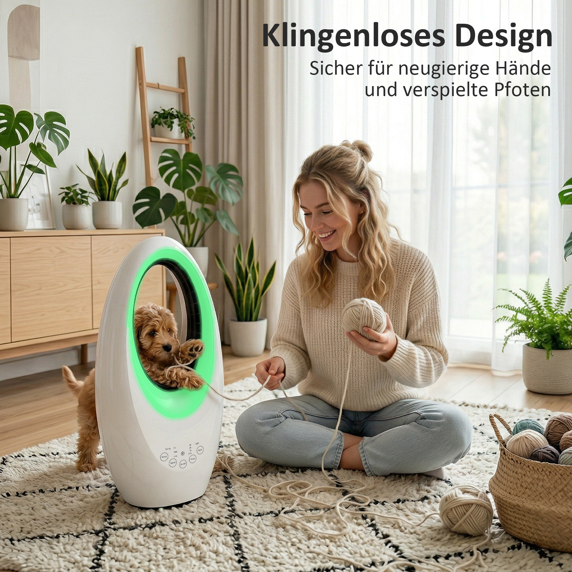 Bladeless Turmventilator, 36dB leiser Ventilator mit 60° Oszillation, LED-Beleuchtung, 3 Geschwindigkeiten, 7,5-Stunden-Timer, Fernbedienung