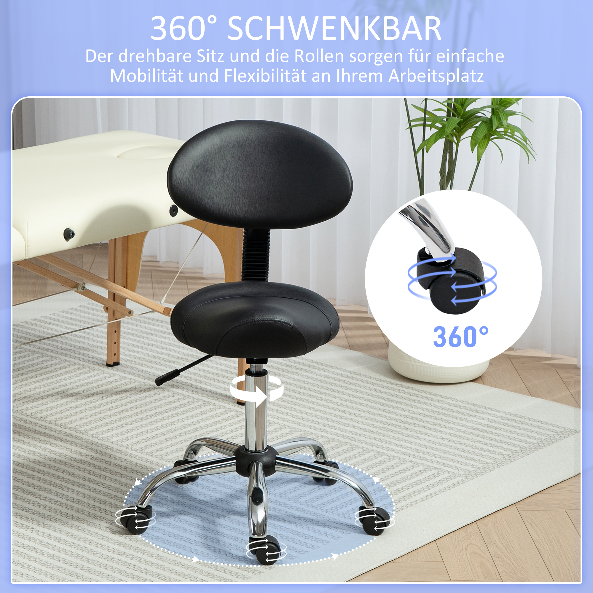 Rollhocker höhenverstellbar mit Rückenlehne Drehhocker 83-98 cm Arbeitshocker 360° drehbar für Büro Salon