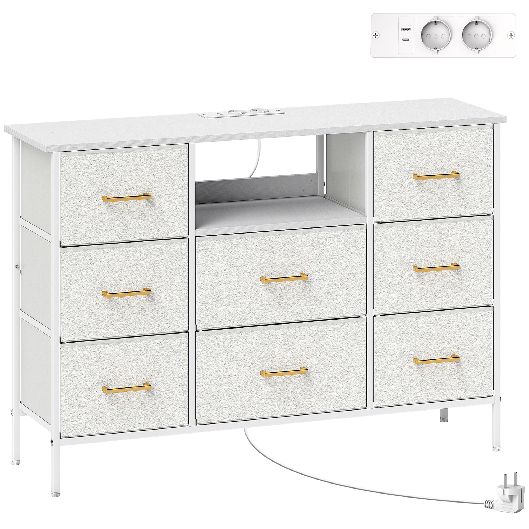 Kommode, Aufbewahrungsschrank mit 8 Schubladen aus Stoff, Steckdosenleiste, Stahlrahmen, Schubladenschrank für Flur, Schlafzimmer, Wohnzimmer und Büro, Cremeweiß Kommode, Aufbewahrungsschrank mit 8 Schubladen aus Stoff, Steckdosenleiste, Stahlrahmen, Schubladenschrank für Flur, Schlafzimmer, Wohnzimmer und Büro, Cremeweiß