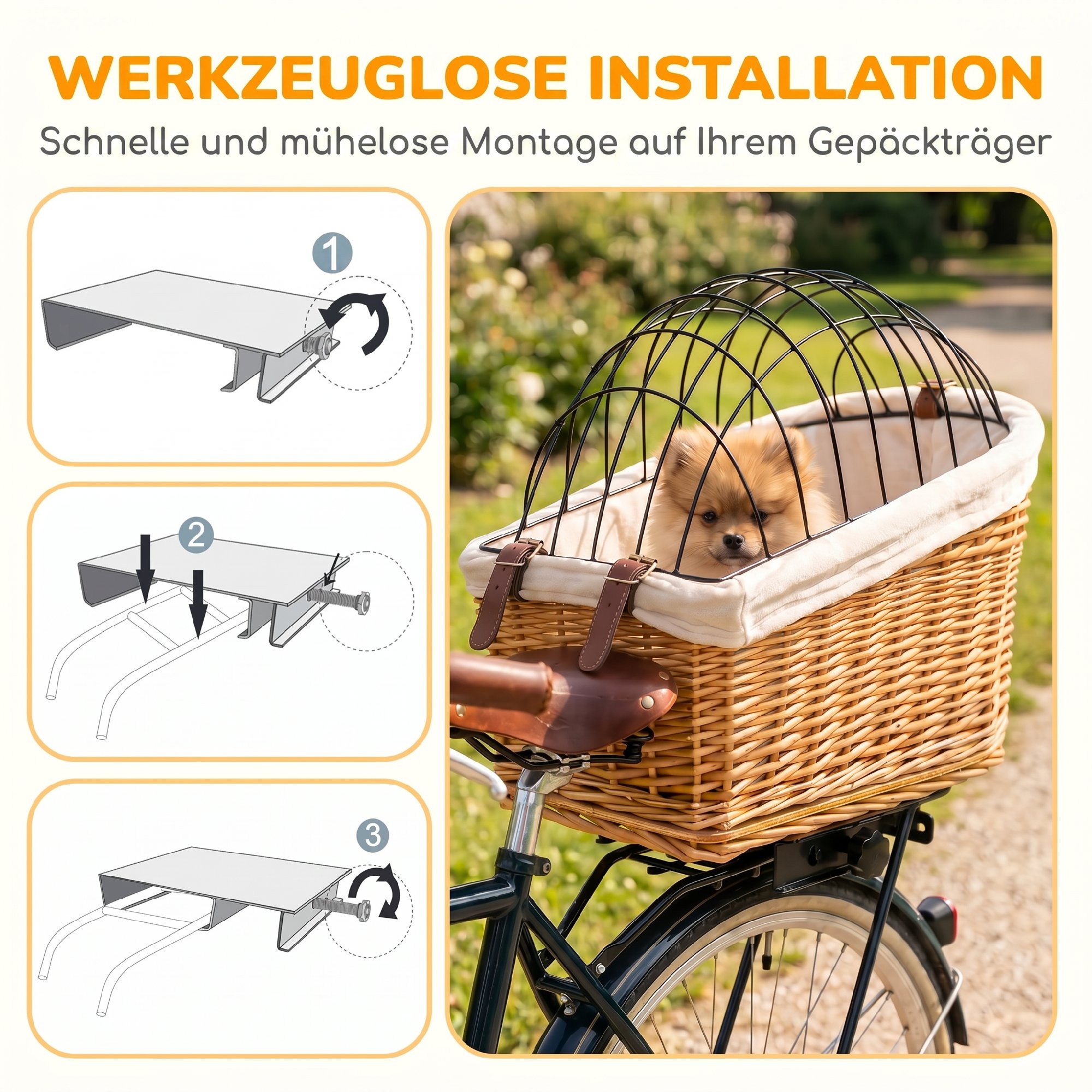 Fahrradkorb für Hunde & Katzen, Handgeflochtener Tierkorb mit Metallabdeckung & weichem Kissen, Hellbraun