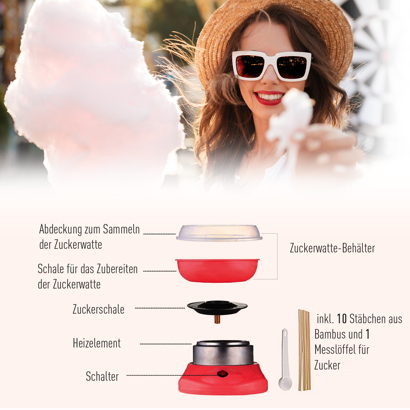 Zuckerwattemaschine für Zuhause Cotton Candy Machine Zuckerwatte Maschine mit Stäbchen und Messlöffel Höhe 18 cm 550W für Kinderfest, Geburtstag, Party Rot