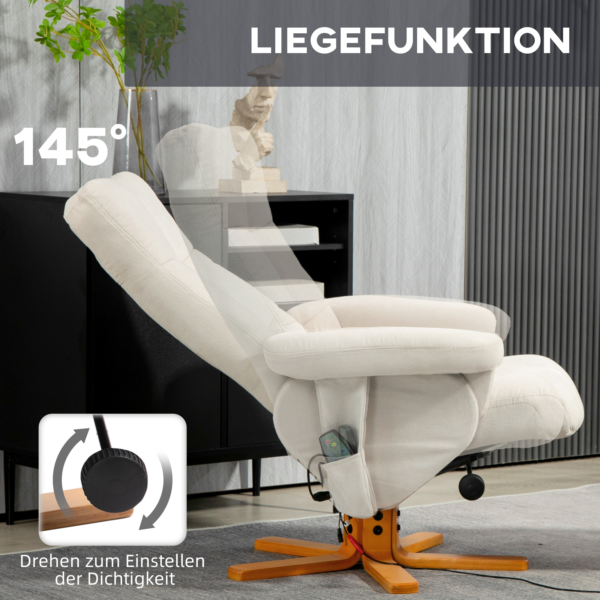 Massagesessel mit Liegefunktion und Fußhocker, 145°-Neigung, Polyester, 80 x 86 x 99 cm, Cremeweiß