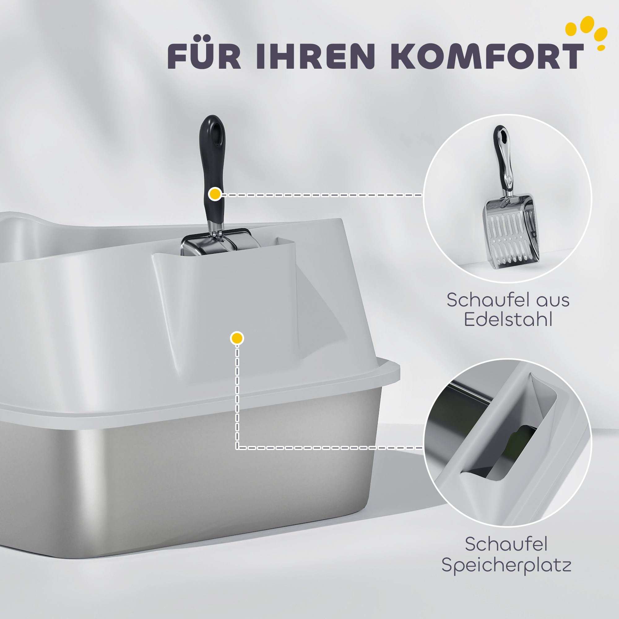 Katzentoilette Edelstahl Offene Katzenklo mit Schaufel hohem Rand für große Katzen bis 12 kg 69,8 x 50,3 x 29,8 cm Grau